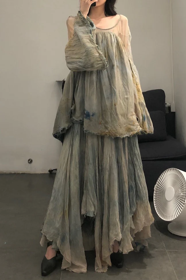 a research of elapsing Double-layer tie-dyed silk side-button pleated wide skirt ELP-x-1652-YUSHI Jade - Image 12
