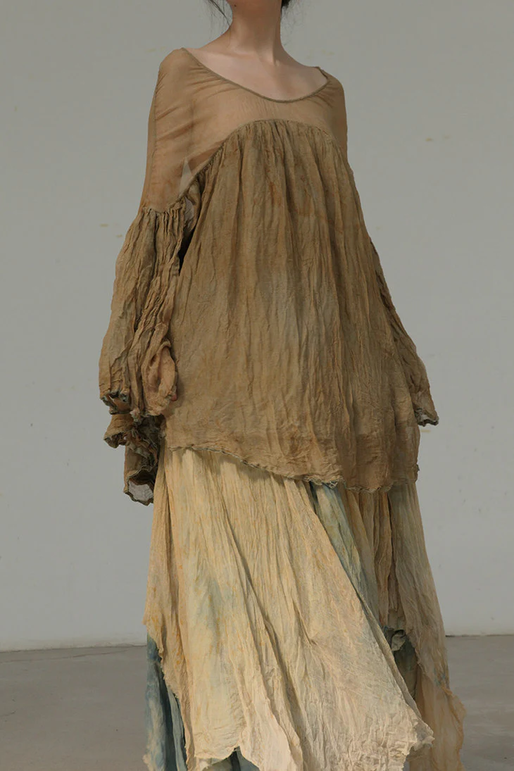 a research of elapsing Double-layer tie-dyed silk side-button pleated wide skirt ELP-x-1652-YUSHI Jade - Image 17