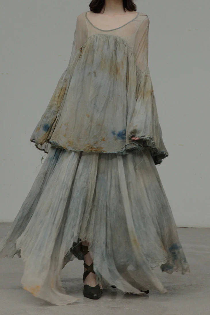 a research of elapsing Double-layer tie-dyed silk side-button pleated wide skirt ELP-x-1652-YUSHI Jade - Image 6