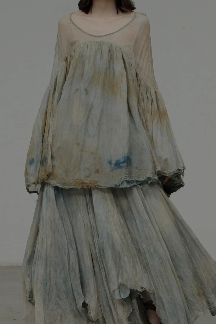 a research of elapsing Double-layer tie-dyed silk side-button pleated wide skirt ELP-x-1652-YUSHI Jade - Image 8