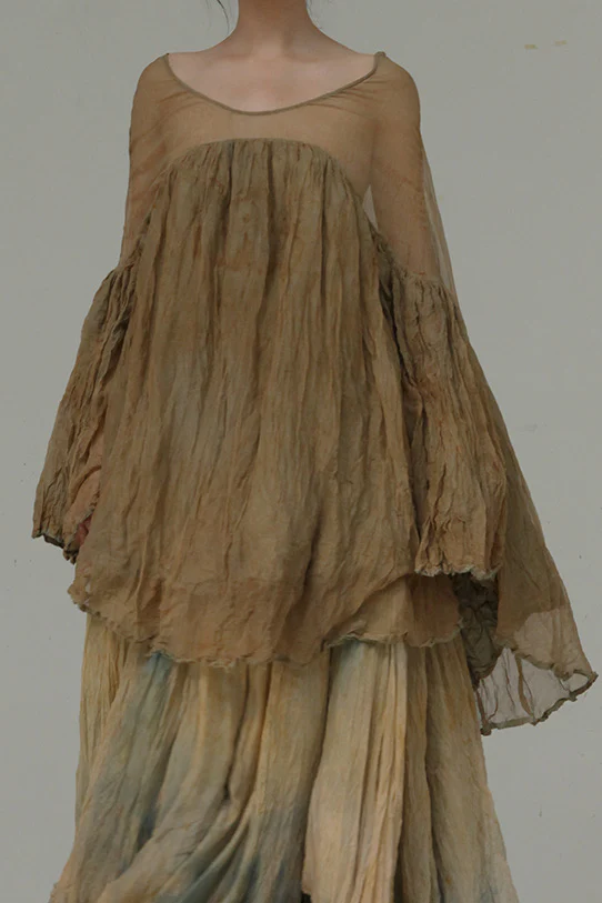 A research on elapsing, a hand-dyed double-layered linen and sheer lace blouse series with multi-pleated hem, ELP-z-7055-HRZONG, floral-dyed brown.