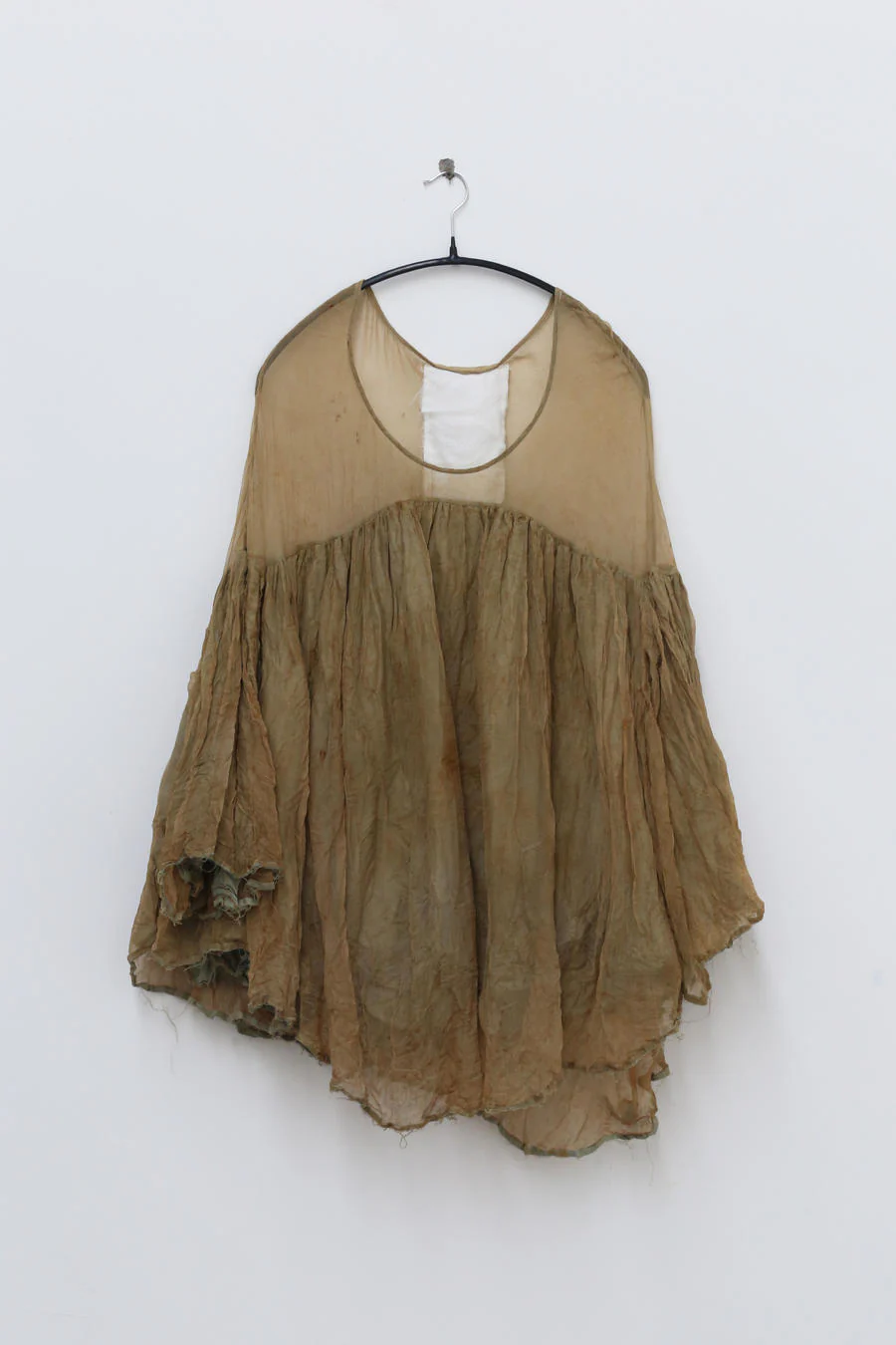 A research on elapsing, a hand-dyed double-layered linen and sheer lace blouse series with multi-pleated hem, ELP-z-7055-HRZONG, floral-dyed brown. - Image 11