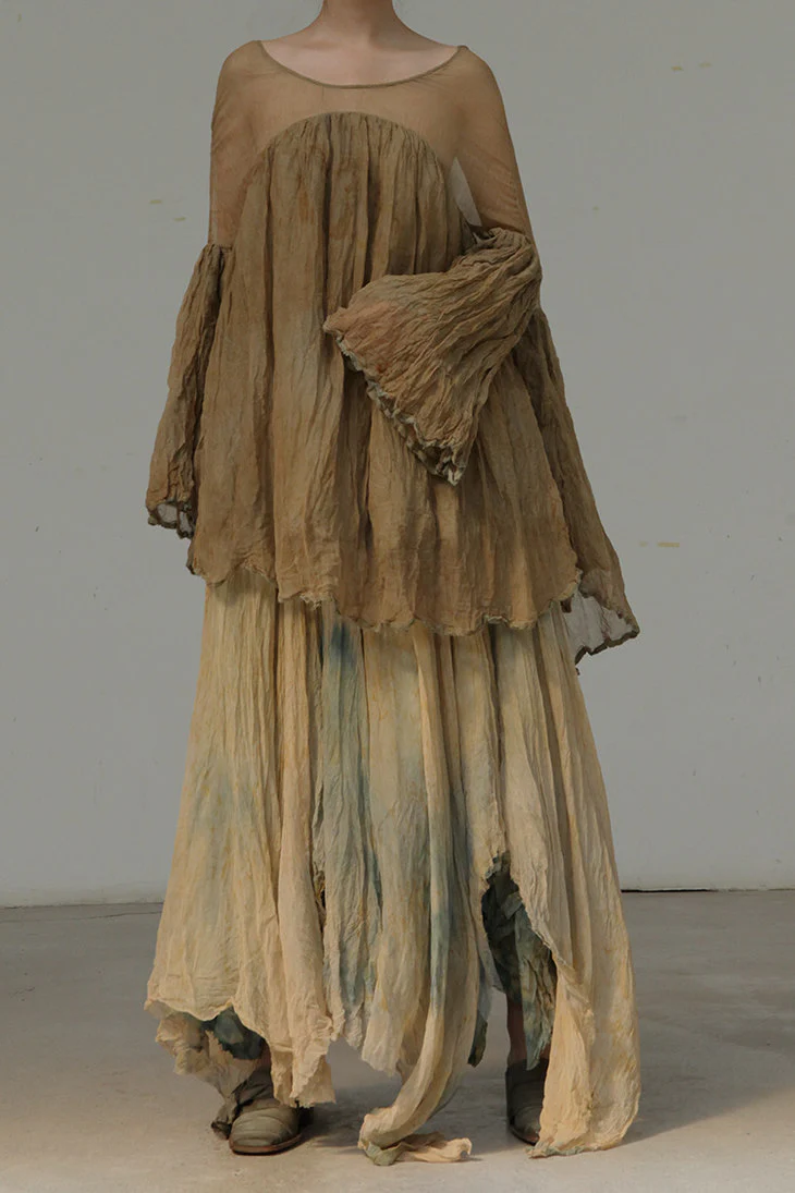 A research on elapsing, a hand-dyed double-layered linen and sheer lace blouse series with multi-pleated hem, ELP-z-7055-HRZONG, floral-dyed brown. - Image 2