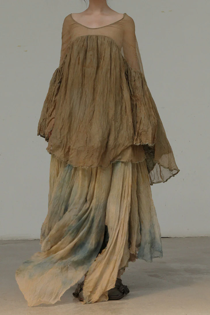 A research on elapsing, a hand-dyed double-layered linen and sheer lace blouse series with multi-pleated hem, ELP-z-7055-HRZONG, floral-dyed brown. - Image 3