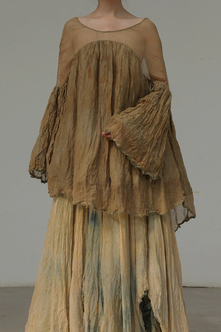 A research on elapsing, a hand-dyed double-layered linen and sheer lace blouse series with multi-pleated hem, ELP-z-7055-HRZONG, floral-dyed brown. - Image 5