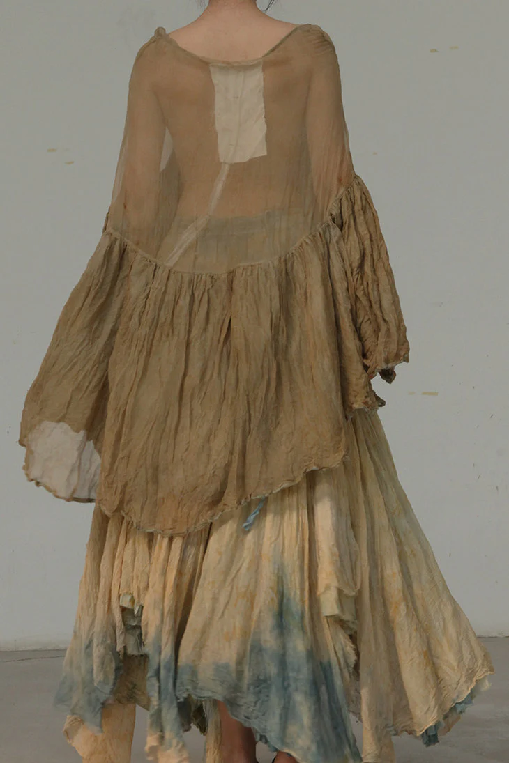 A research on elapsing, a hand-dyed double-layered linen and sheer lace blouse series with multi-pleated hem, ELP-z-7055-HRZONG, floral-dyed brown. - Image 6