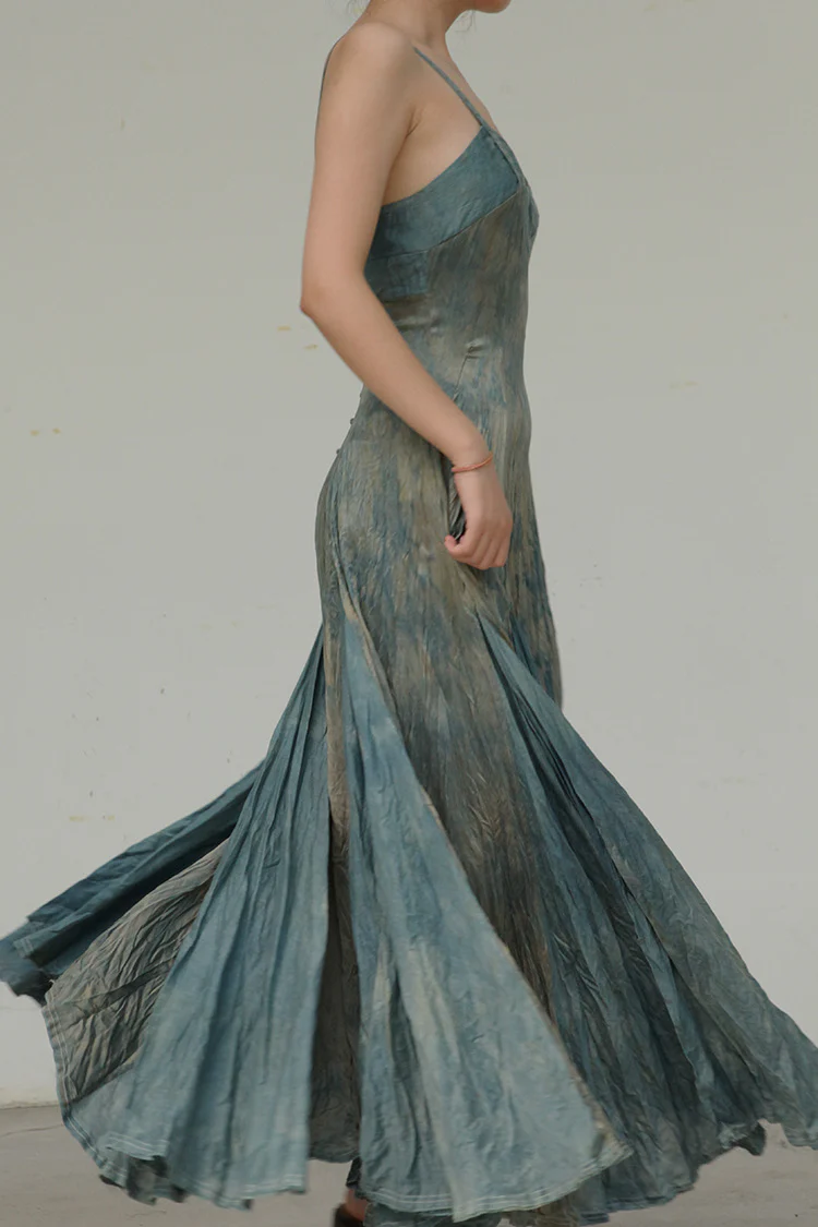 Elapsing Silk Flower Dye Maxi Skirt Backless Suspender Dress Z-6639 11 - Image 3