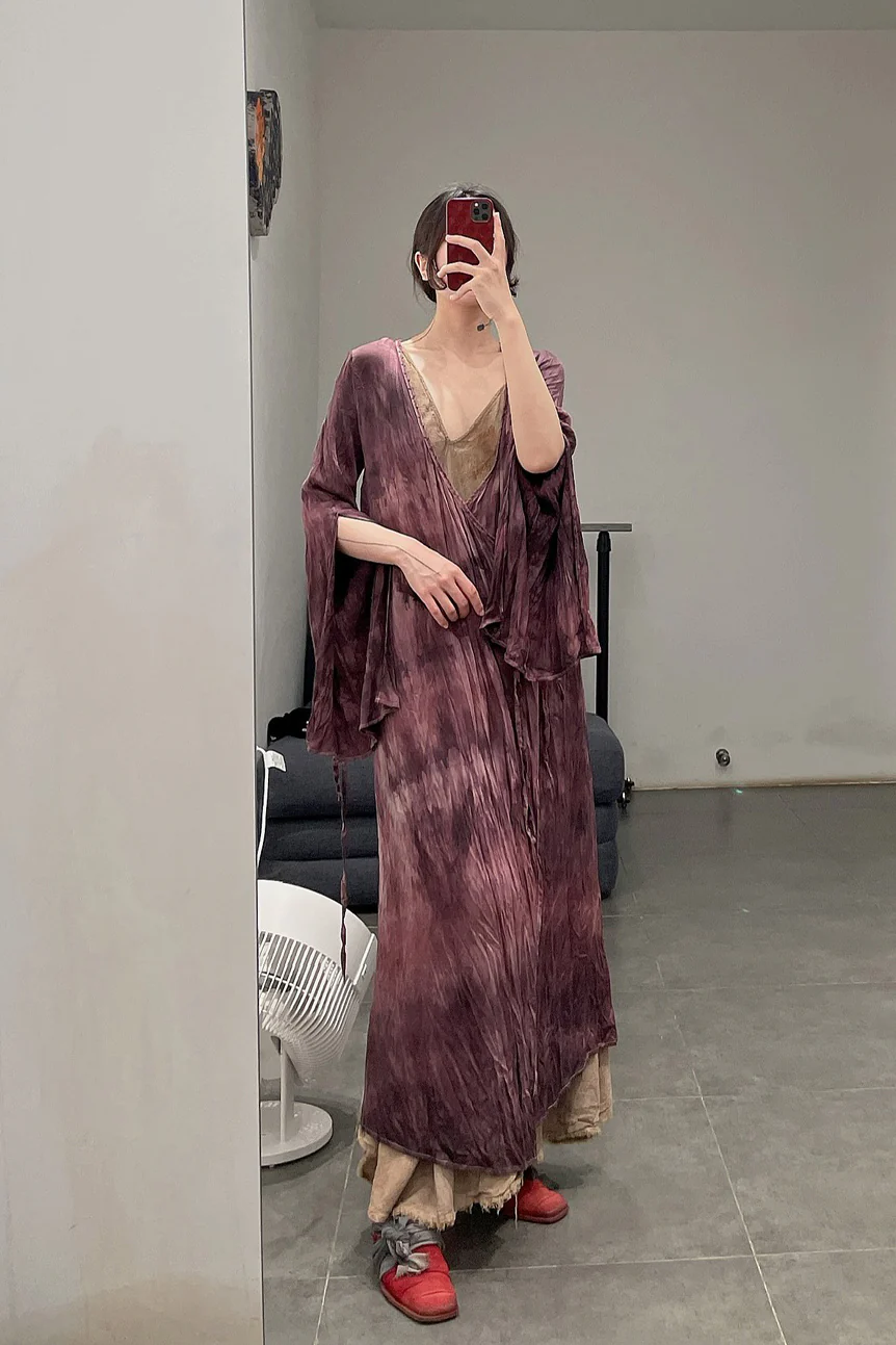 elapsing High degree of hand-dyed pleated side tie cardigan Dress series ELP-Z-6876-SHENZI Dark purple - Image 16