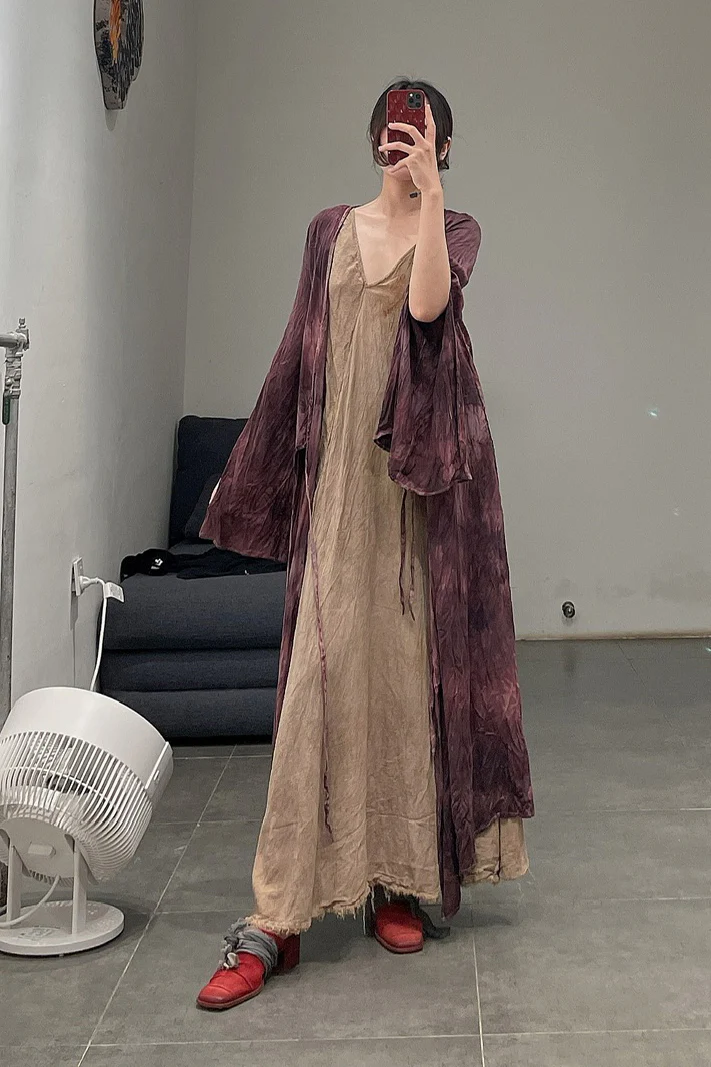 elapsing High degree of hand-dyed pleated side tie cardigan Dress series ELP-Z-6876-SHENZI Dark purple - Image 20