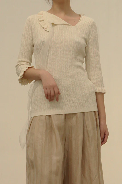 A Tentative Atelier a2121806 short-sleeved ribbon slit jacquard sweater