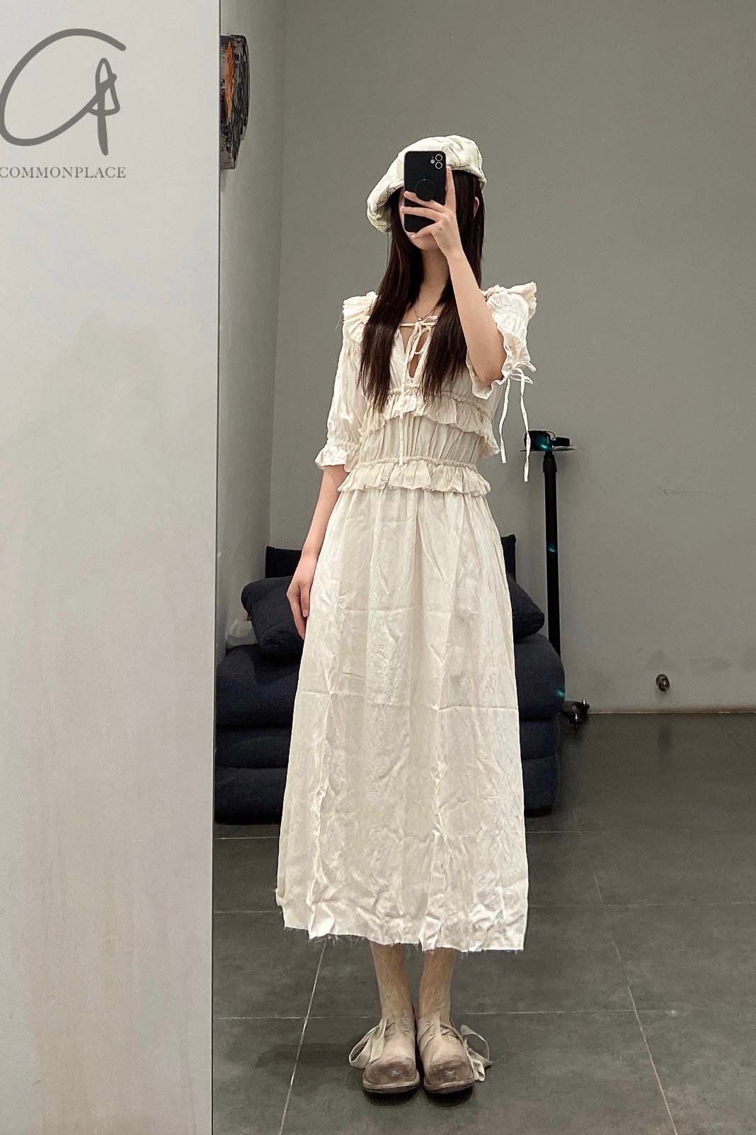 A Tentative Atelier Washed Ruffle Bishop Jacquard Dress ATA-A2222713A-BAI - Image 6