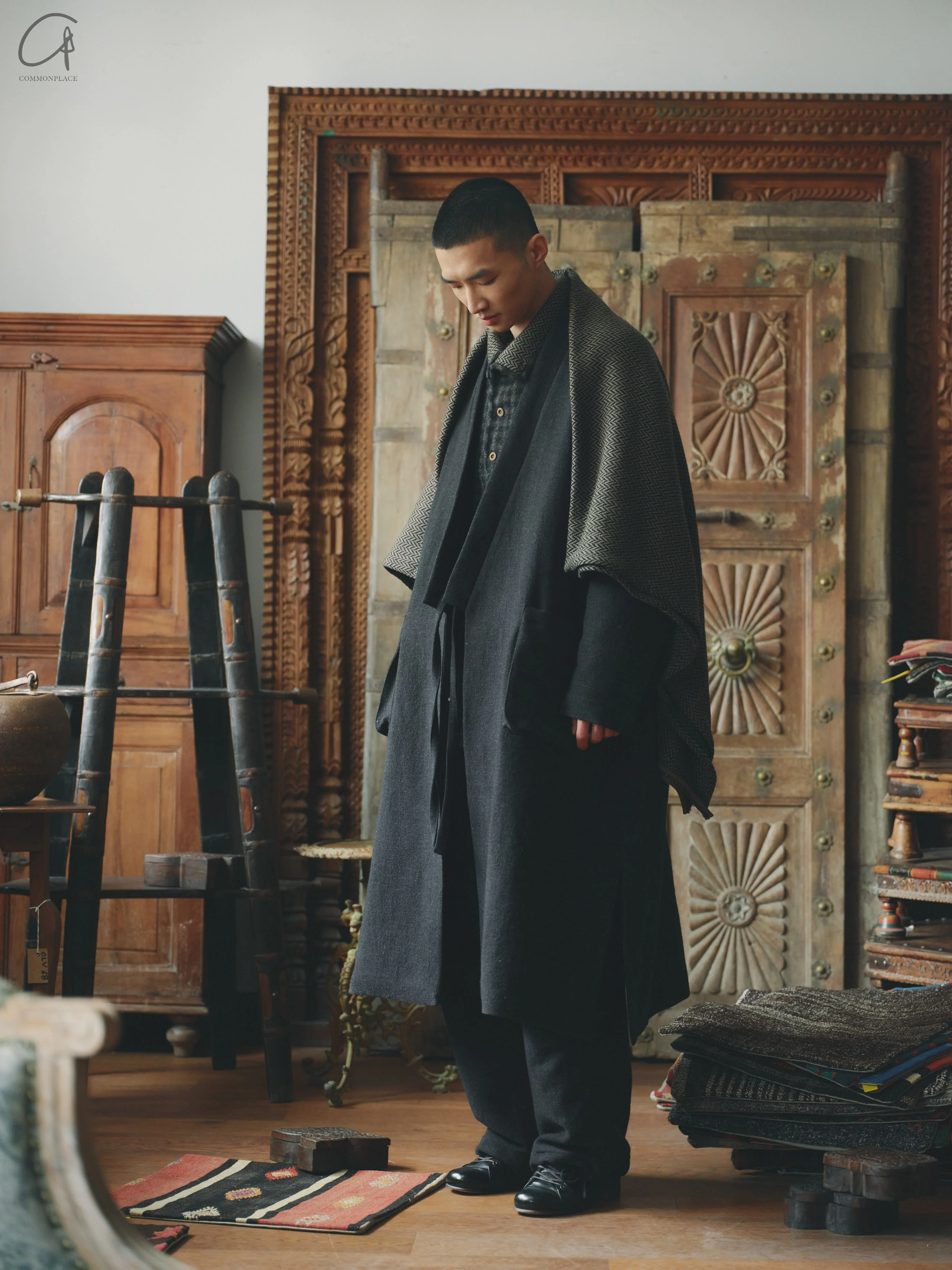 AVIVA JIFEI XUE 24 Autumn and Winter Black Wool Linen Satin Long Kimono Coat AJX-FW24-LKC-BWLS-HEI Black - Image 15