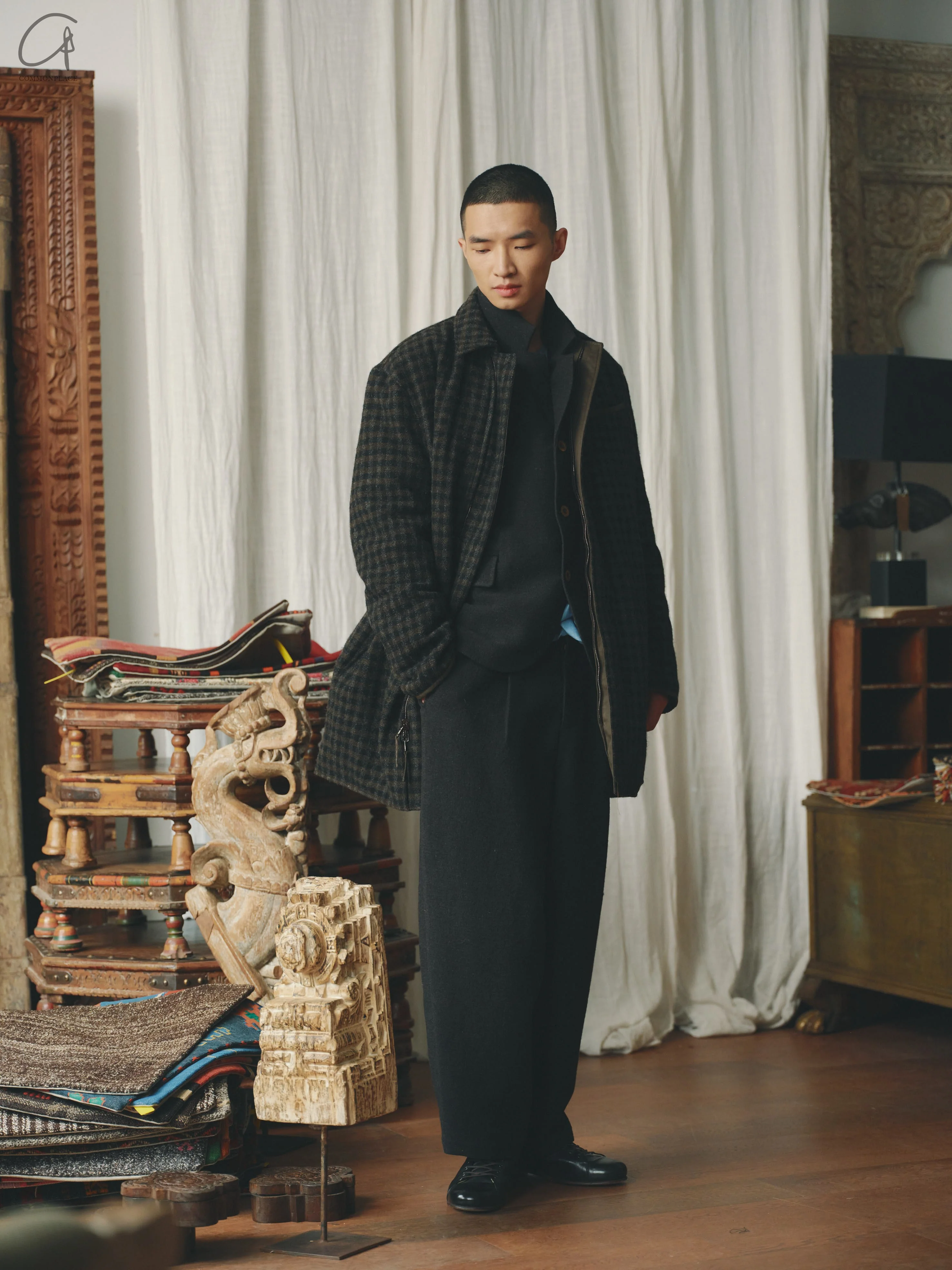 AVIVA JIFEI XUE 24 Autumn and Winter Charcoal Wool Plaid/Dark Moss Wax Cotton Double-sided Windbreaker AJX-FW24-RW-CWCDMWC-TX Moss - Image 12
