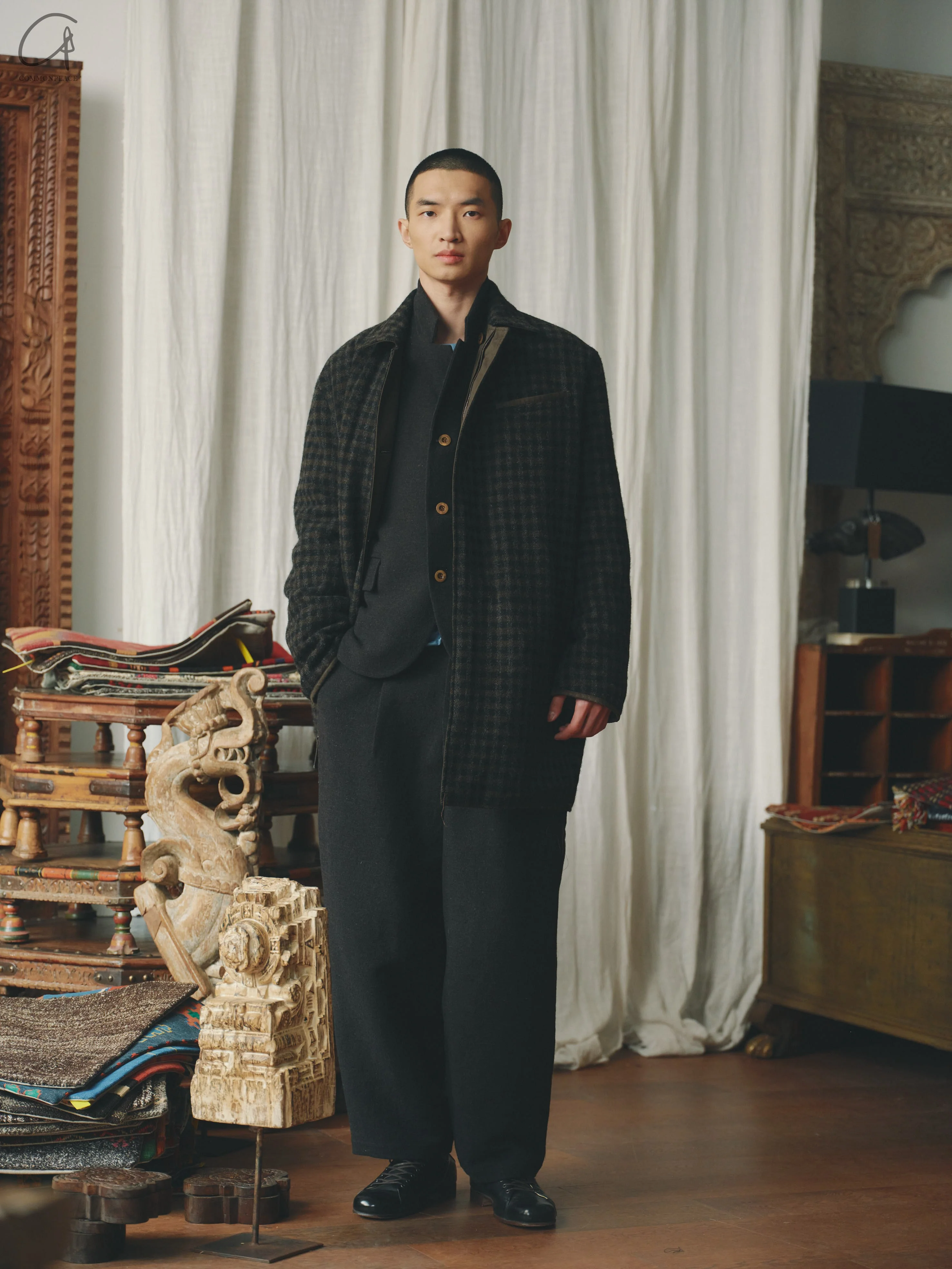 AVIVA JIFEI XUE 24 Autumn and Winter Charcoal Wool Plaid/Dark Moss Wax Cotton Double-sided Windbreaker AJX-FW24-RW-CWCDMWC-TX Moss - Image 13