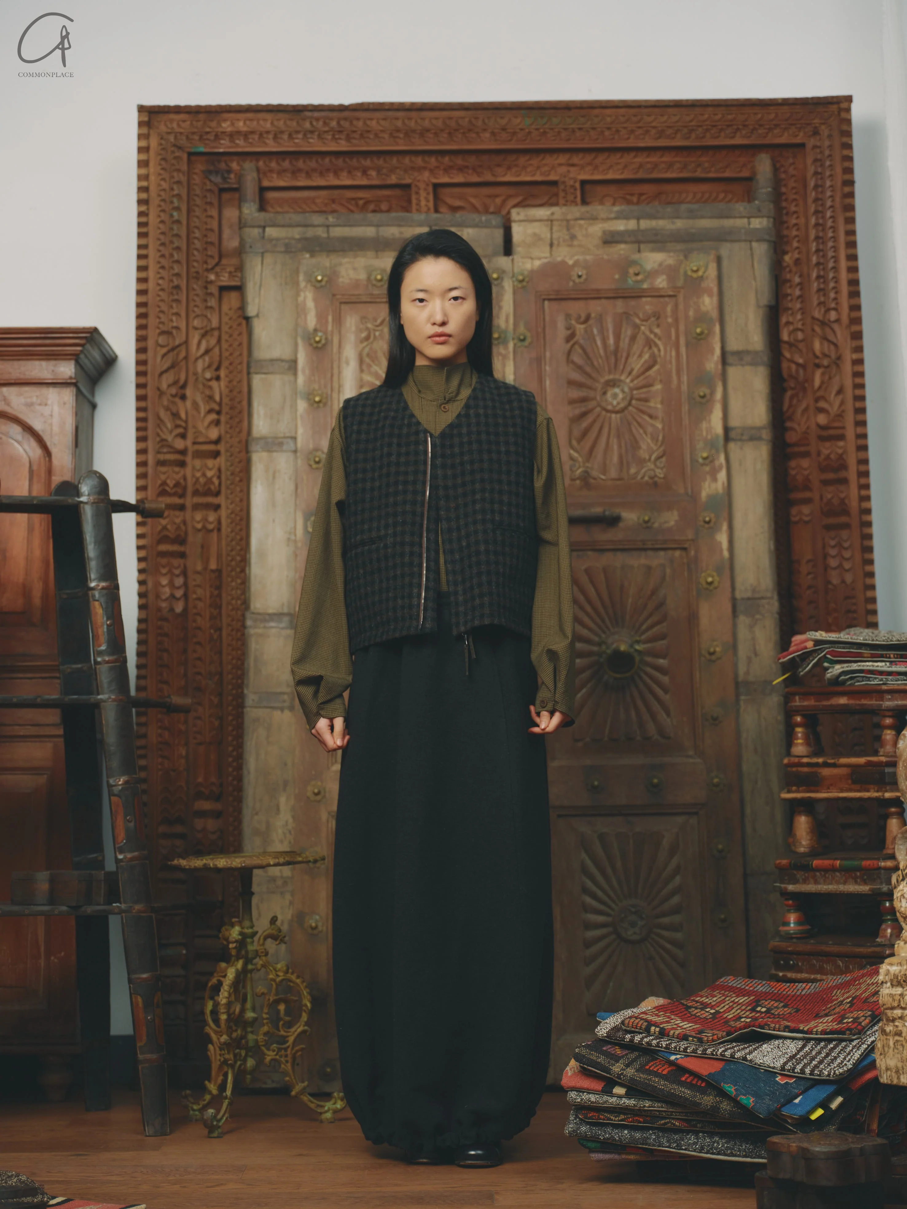 AVIVA JIFEI XUE 24 Autumn and Winter Charcoal Wool Plaid Double-sided Zipper Vest AJX-FW24-RZV-CWCDMWC-STX Deep Moss - Image 11