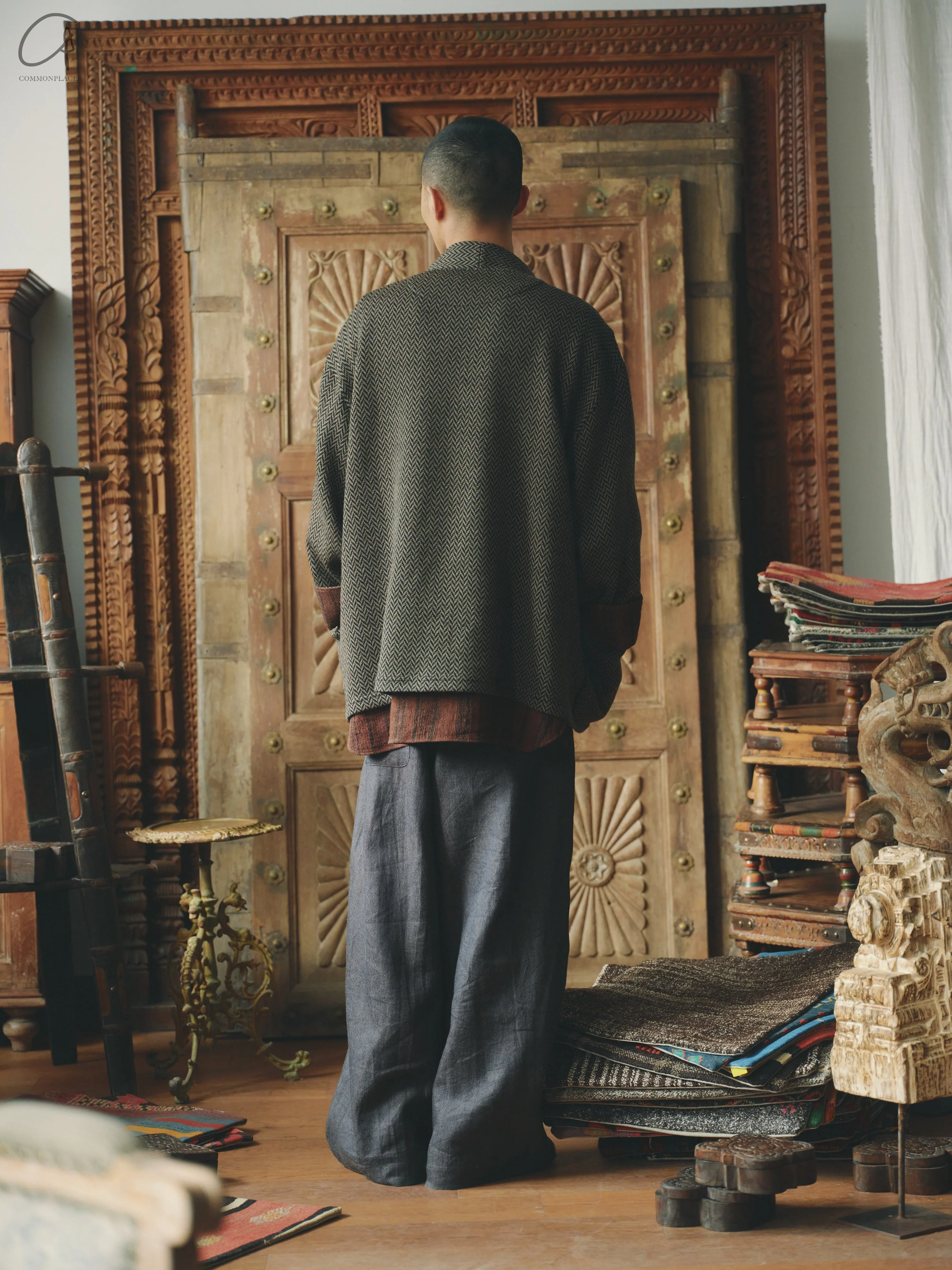 AVIVA JIFEI XUE 24 Autumn and Winter Sage Herringbone Wool Knit V-Neck Cardigan AJX-FW24-VC-SCWK-SWC Sage - Image 14