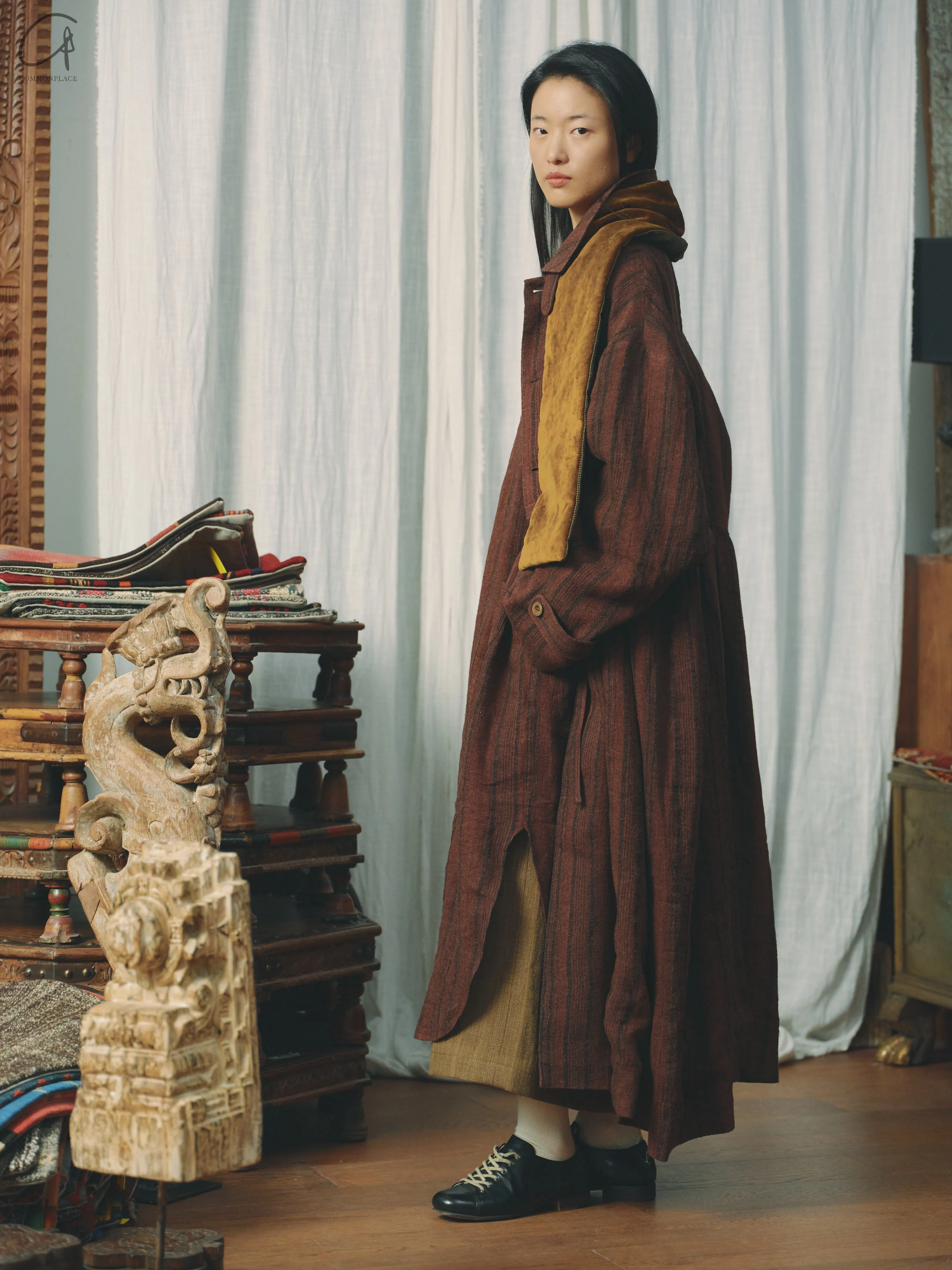 AVIVA JIFEI XUE 24 Autumn and Winter Sage Herringbone Wool Knitted Padded Narrow Scarf AJX-FW24-PNS-OCVGWG-ZHE-F Ochre - Image 7