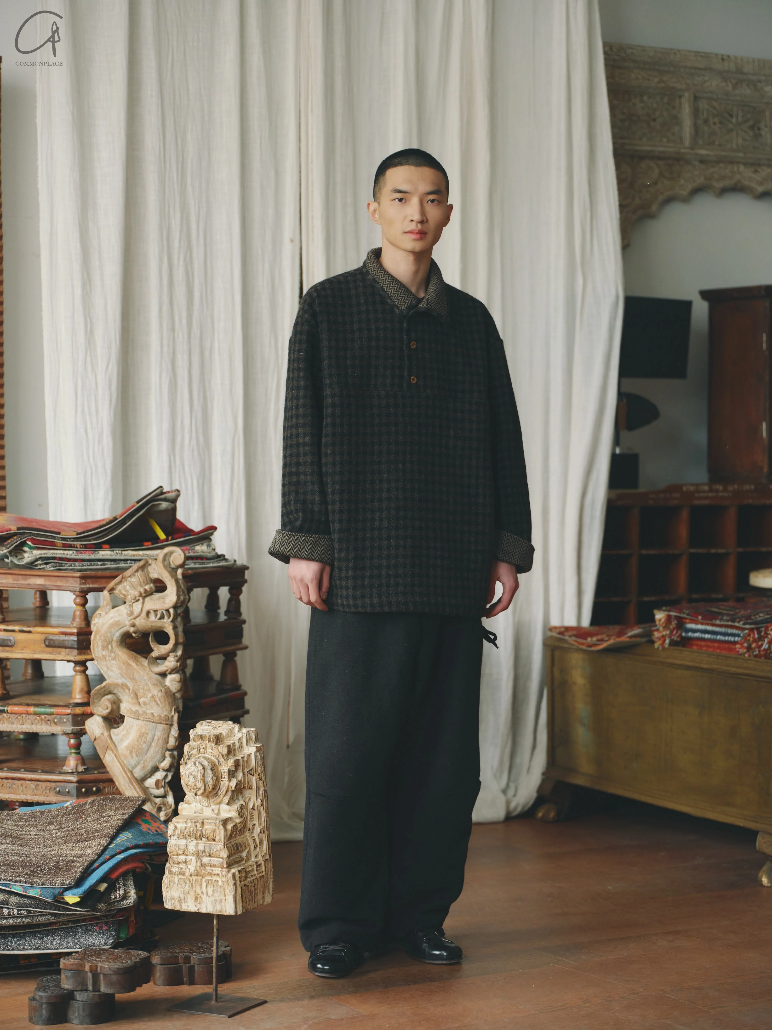 AVIVA JIFEI XUE 24 Autumn and Winter Wool Linen Plaid Parachute Pants AJX-FW24-PP-BWLS-HEI Black FW24-PP-KWLC - Image 8