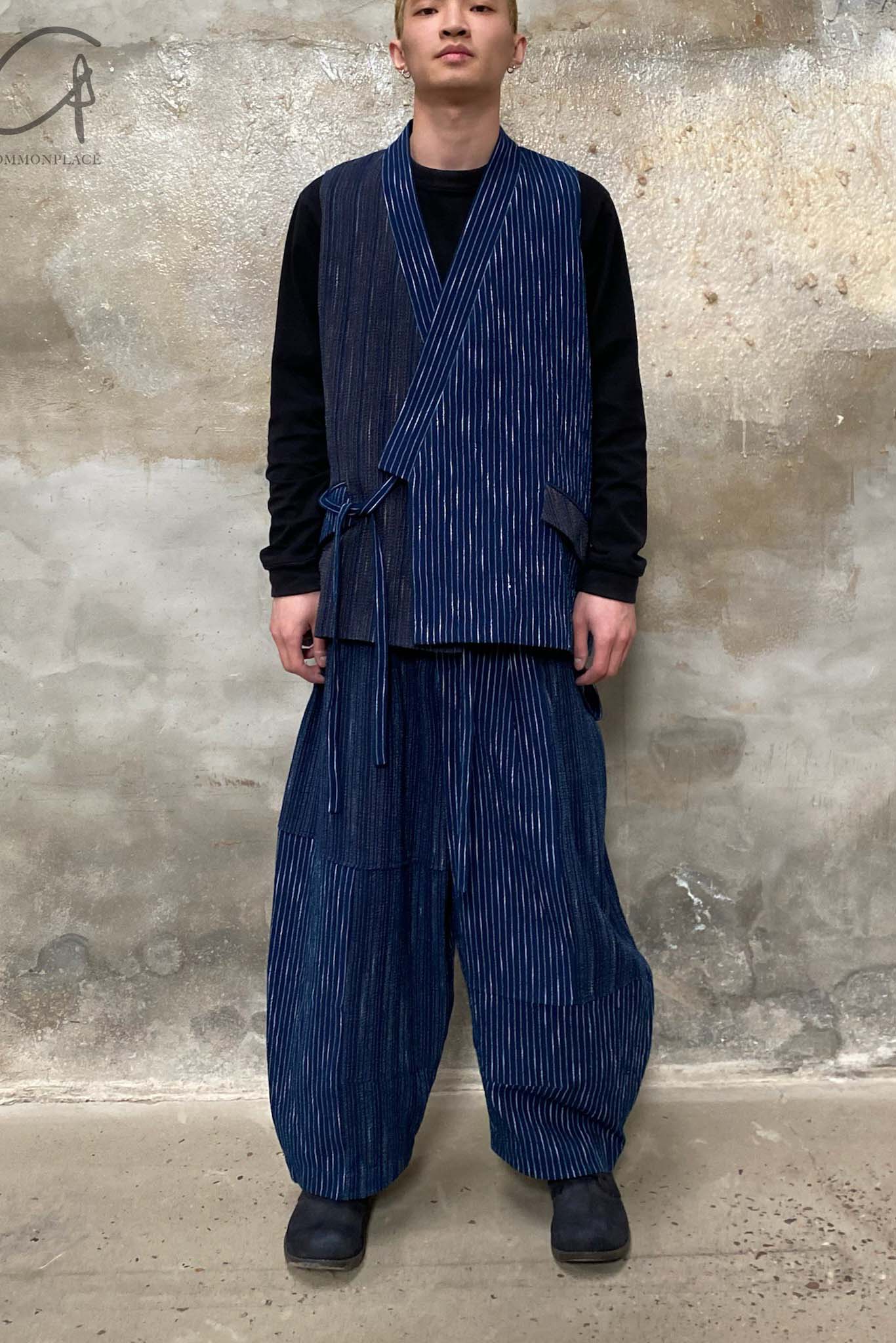 AVIVA JIFEI XUE Kimono Collar Patchwork Tank Top S22-KPV Indigo Stripe - Image 24
