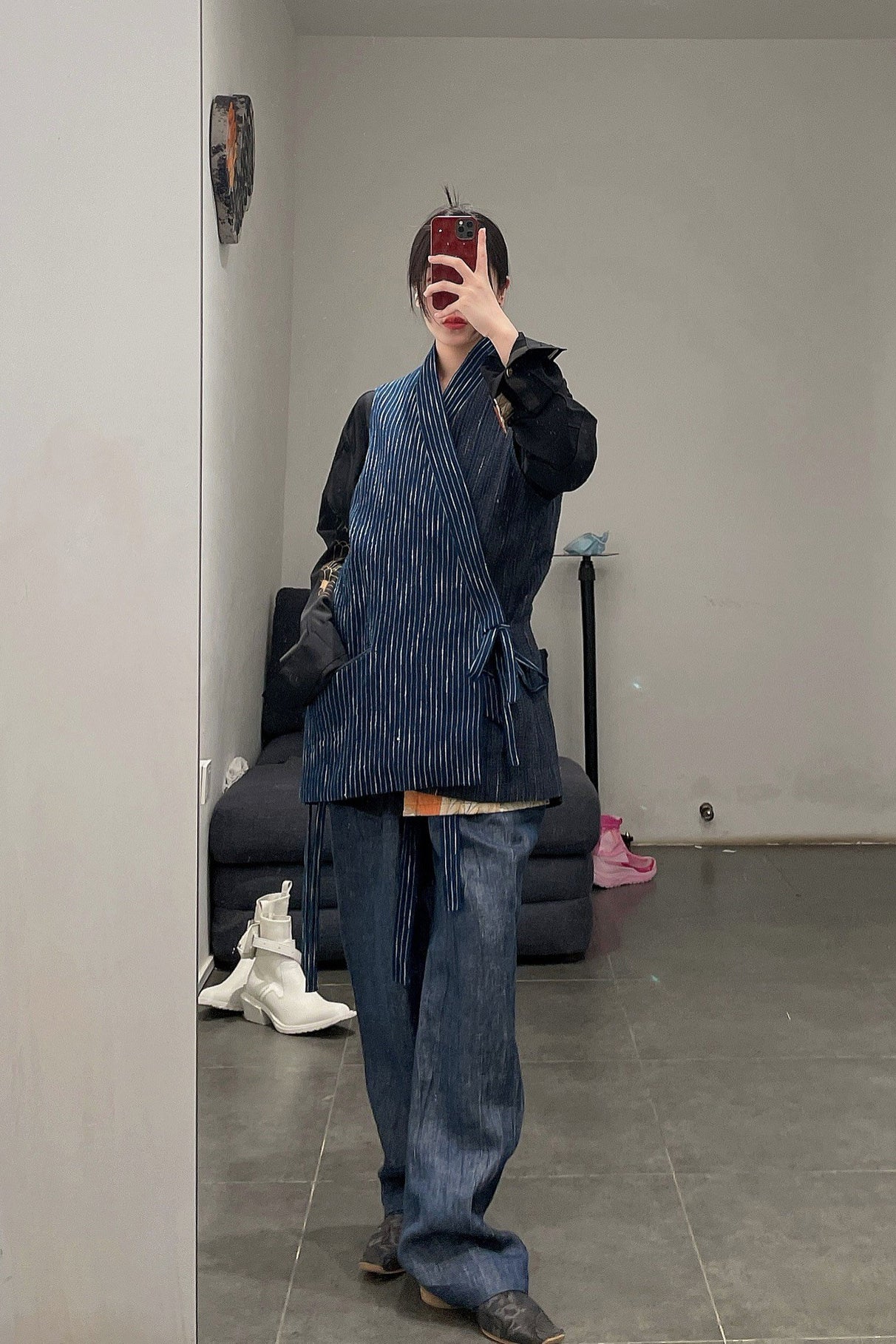 AVIVA JIFEI XUE Kimono Collar Patchwork Tank Top S22-KPV Indigo Stripe - Image 32