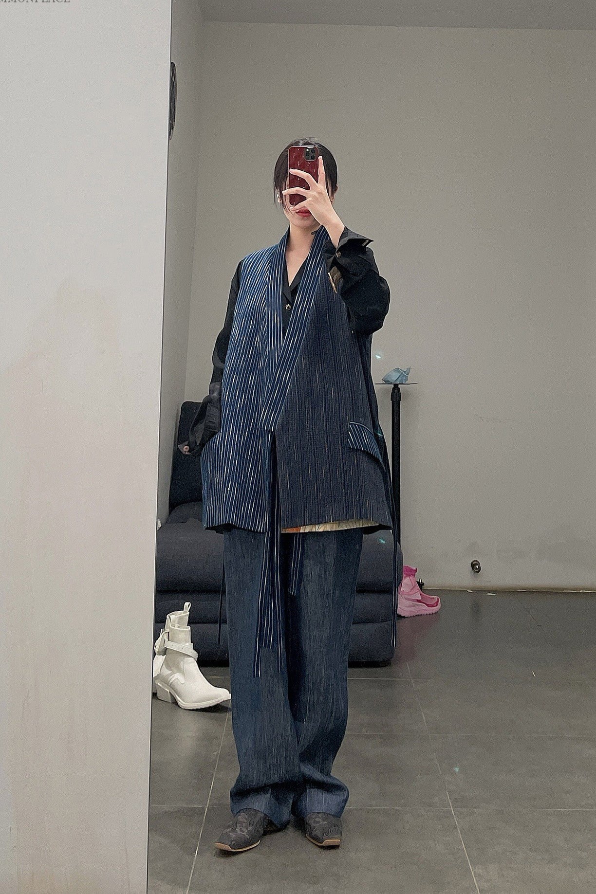 AVIVA JIFEI XUE Kimono Collar Patchwork Tank Top S22-KPV Indigo Stripe - Image 33