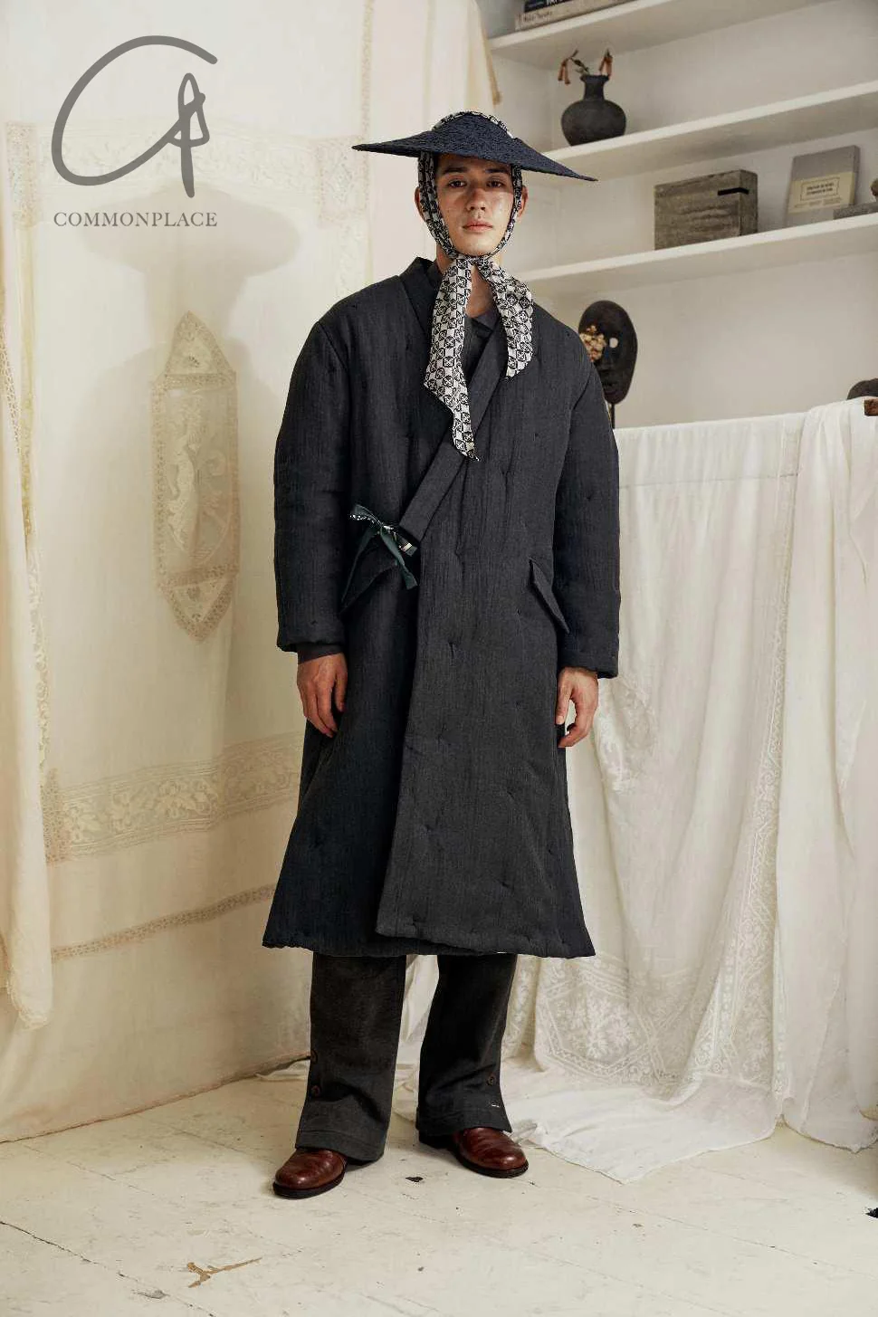 AVIVA JIFEI XUE Padded Long Kimono Jacket with Vintage Patch Lining FW22-PKJL-DGRY - Image 22