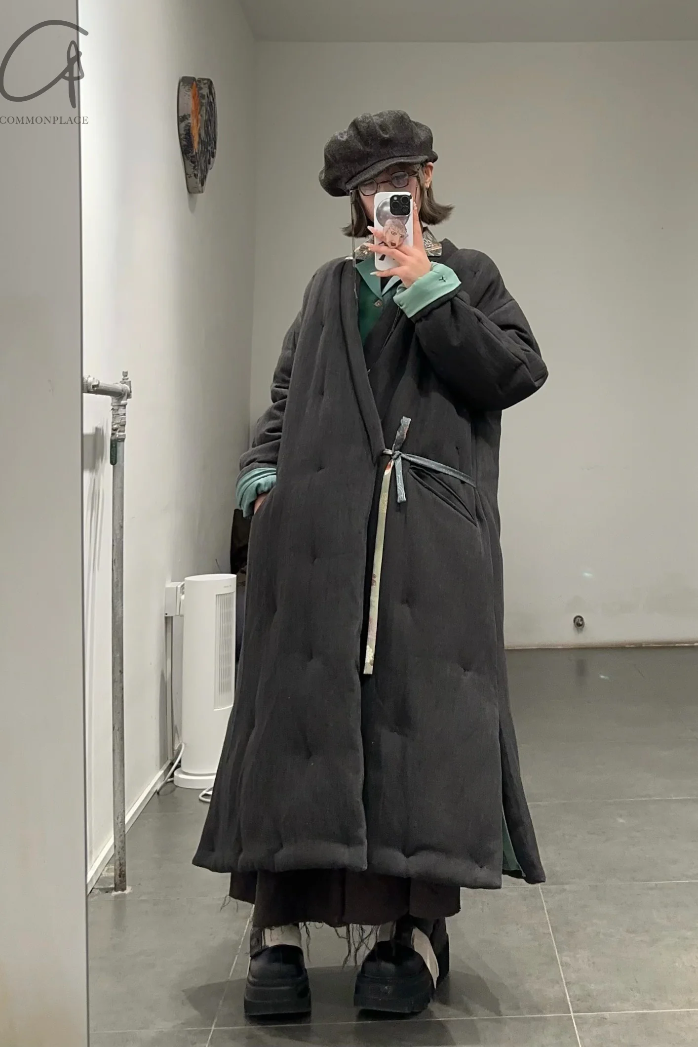 AVIVA JIFEI XUE Padded Long Kimono Jacket with Vintage Patch Lining FW22-PKJL-DGRY - Image 26