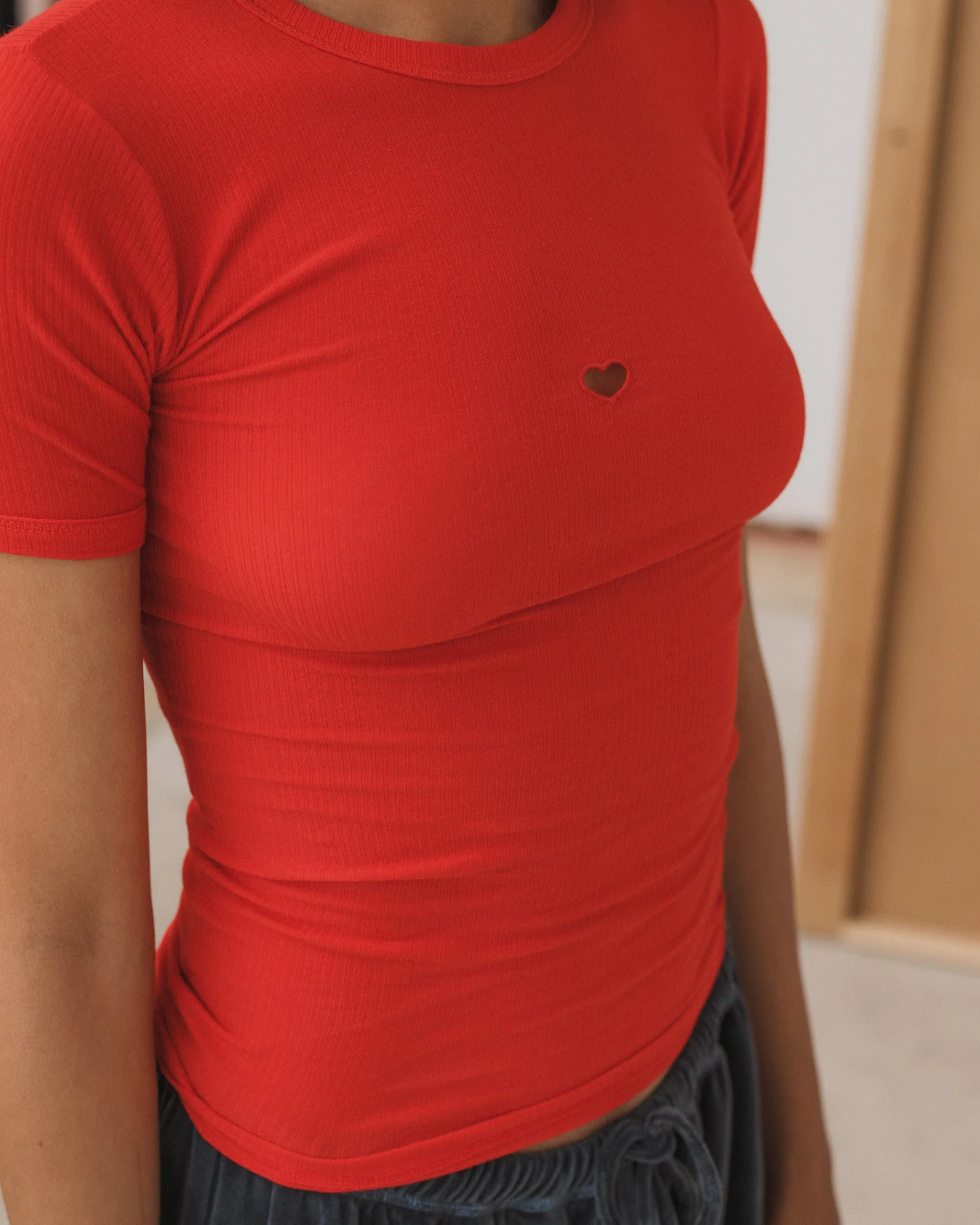 BASERANGE 25 Early Spring French Organic Cotton Hollow Heart Short Sleeve T-shirt BAS-TOHS-RB-SP25-MY RED (TOHS TTHTS) - Image 13