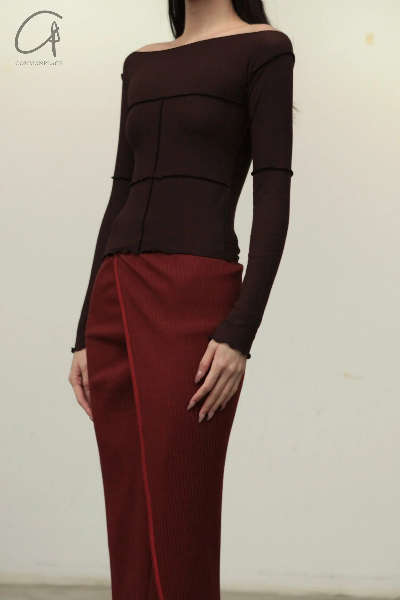 BASERANGE Cotton/Rib Canvas Skirt SKBP-RIB-AU23 Burgundy - Image 5