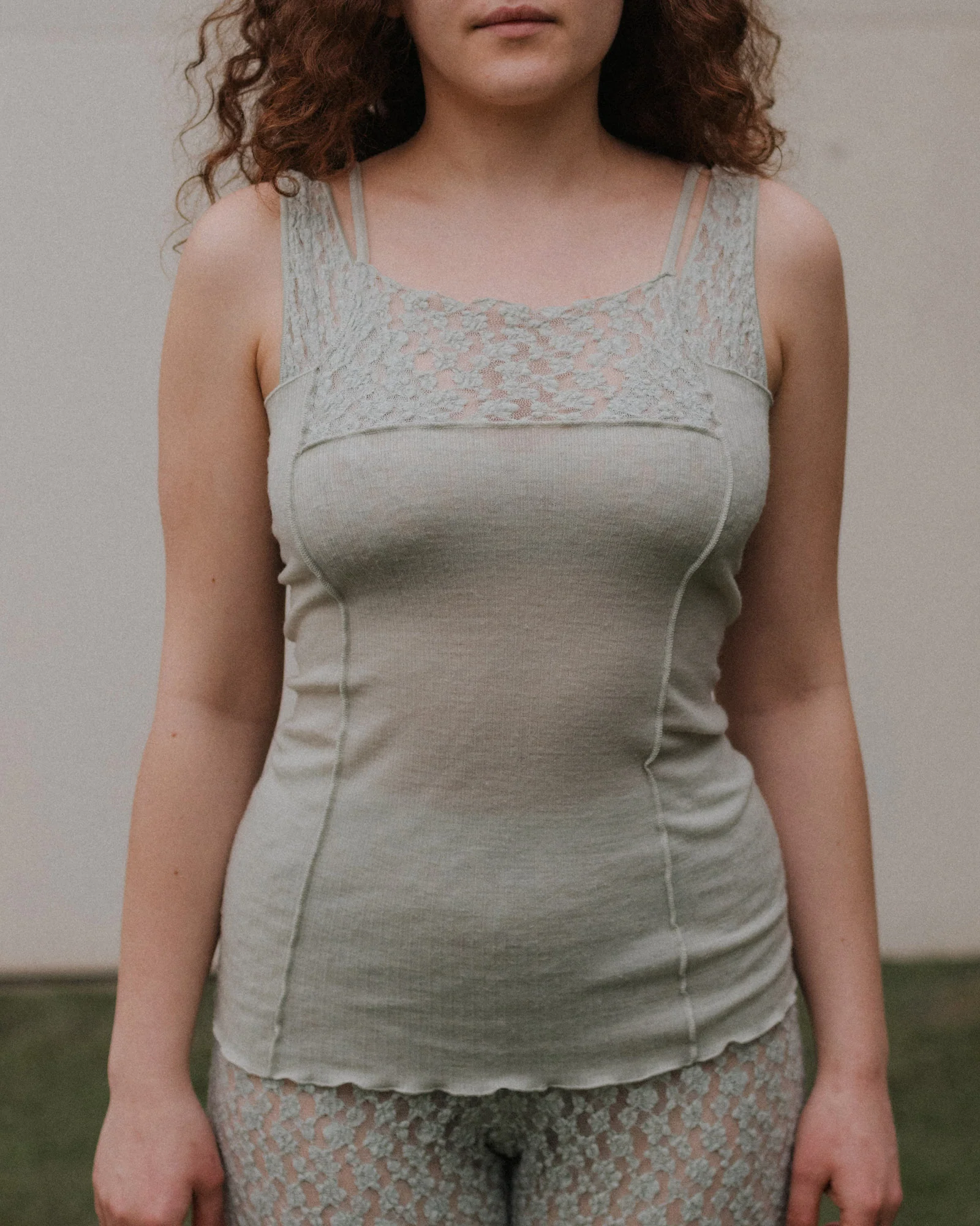 BASERANGE Fall/Winter 2025 Patchwork Lace Camisole Top, France BAS-TTOMK-WR-WI25-BRUN GREEN - Image 7