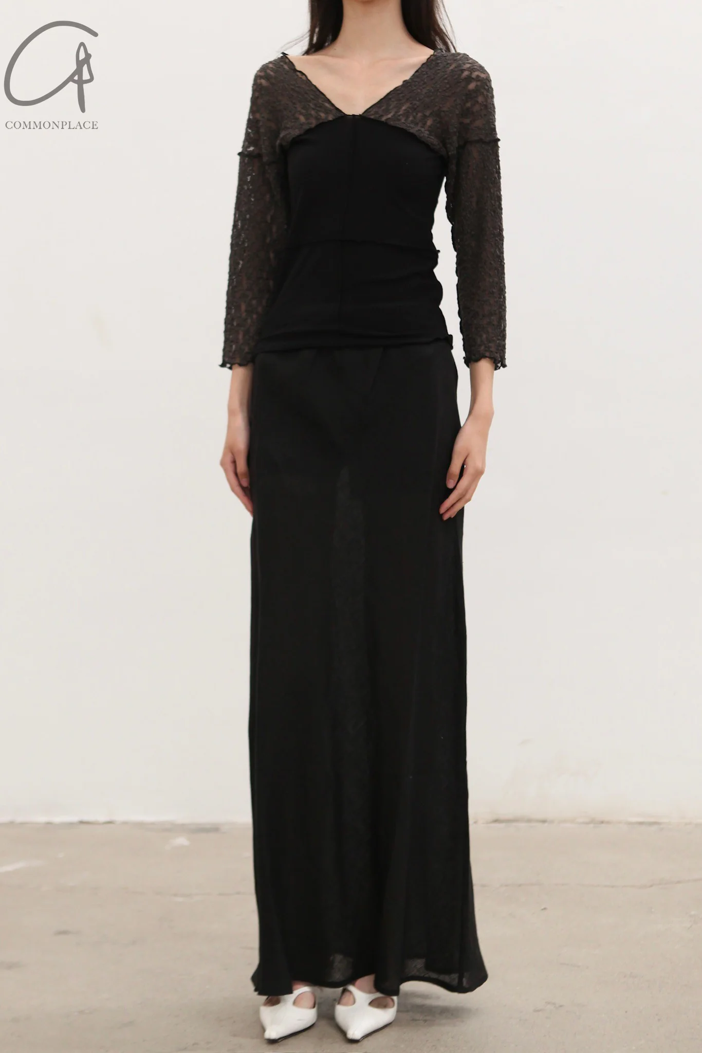 BASERANGE France organic cotton 25 early spring lace stitching long-sleeved T-shirt BAS-TONLS-LA-SU25-BLACK - Image 2