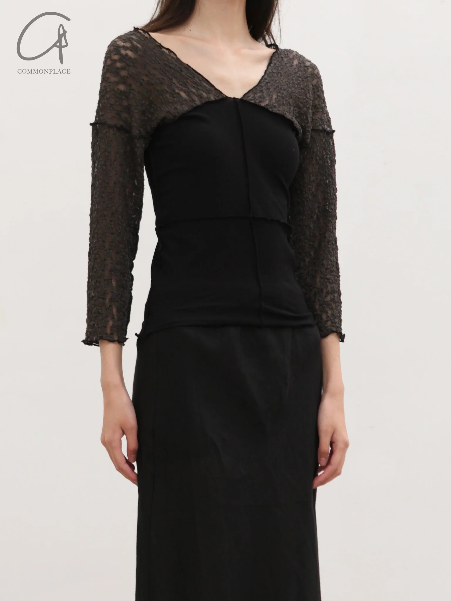 BASERANGE France organic cotton 25 early spring lace stitching long-sleeved T-shirt BAS-TONLS-LA-SU25-BLACK - Image 4