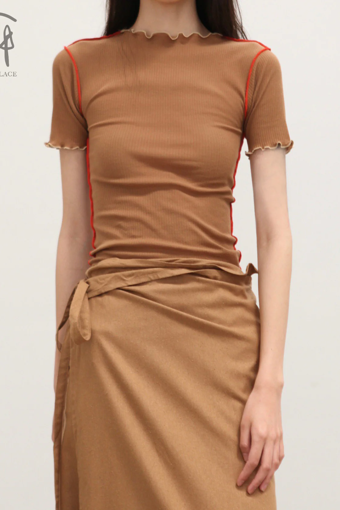 BASERANGE France organic cotton ruffled textured T-shirt BAS-TTVN-RB-SU25-ALAMILLO BROWN