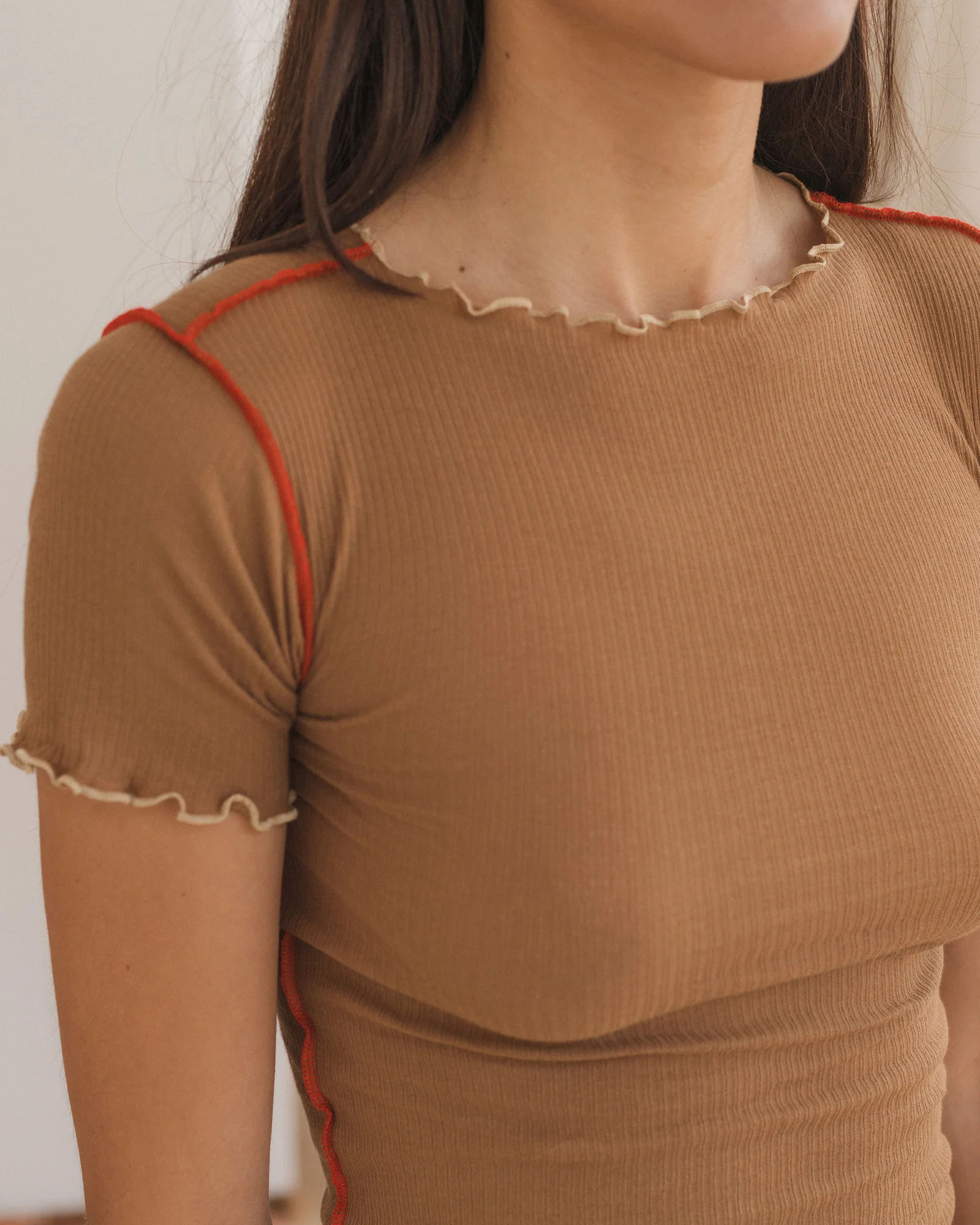 BASERANGE France organic cotton ruffled textured T-shirt BAS-TTVN-RB-SU25-ALAMILLO BROWN - Image 11