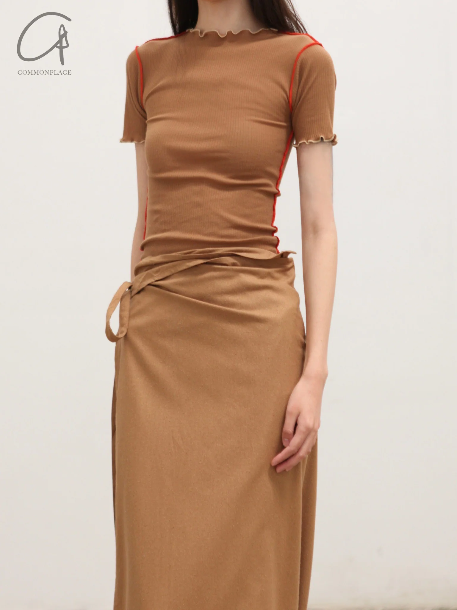 BASERANGE France organic cotton ruffled textured T-shirt BAS-TTVN-RB-SU25-ALAMILLO BROWN - Image 5
