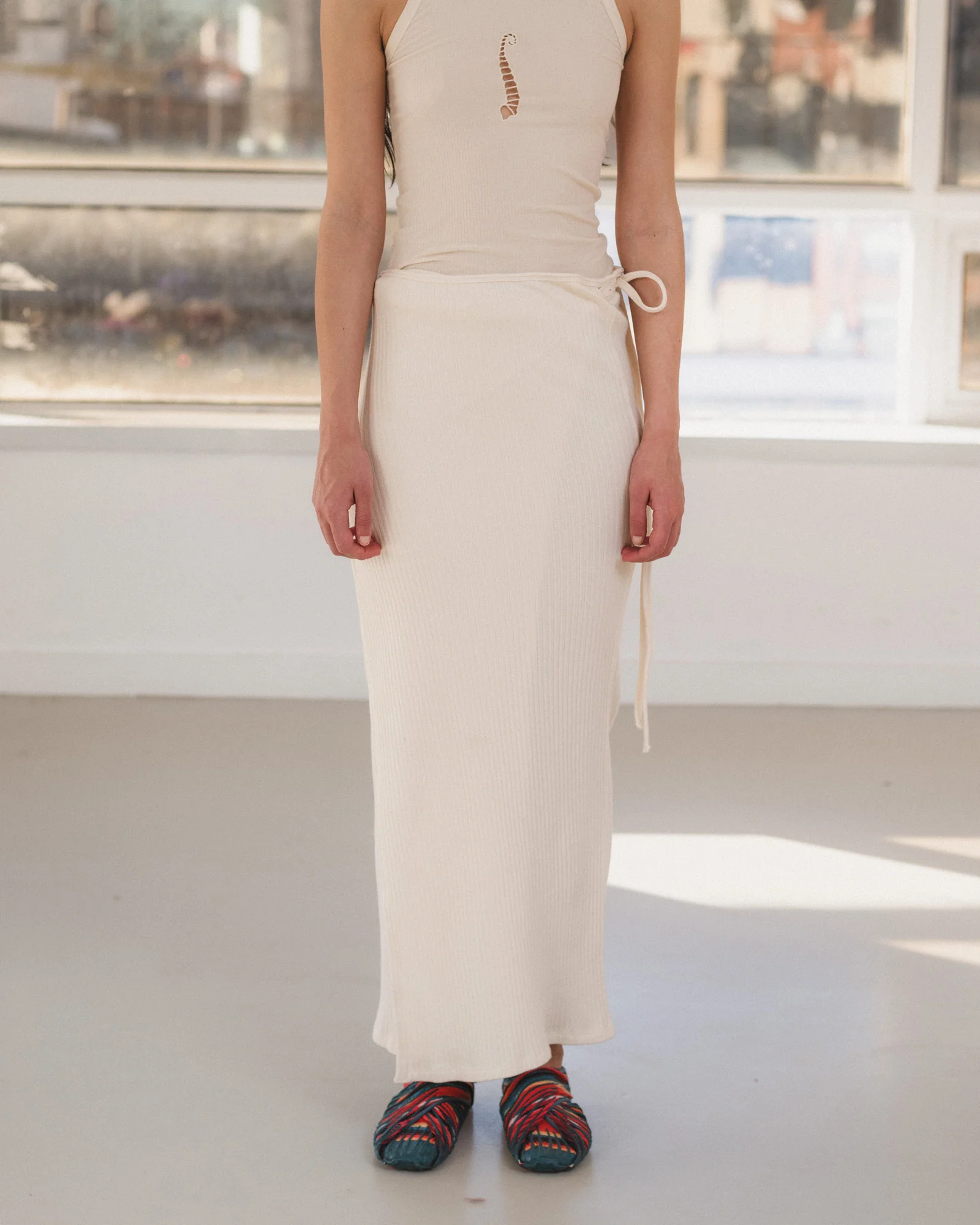 BASERANGE France organic cotton tie skirt BAS-SKBR-RIB-000-Off White - Image 5