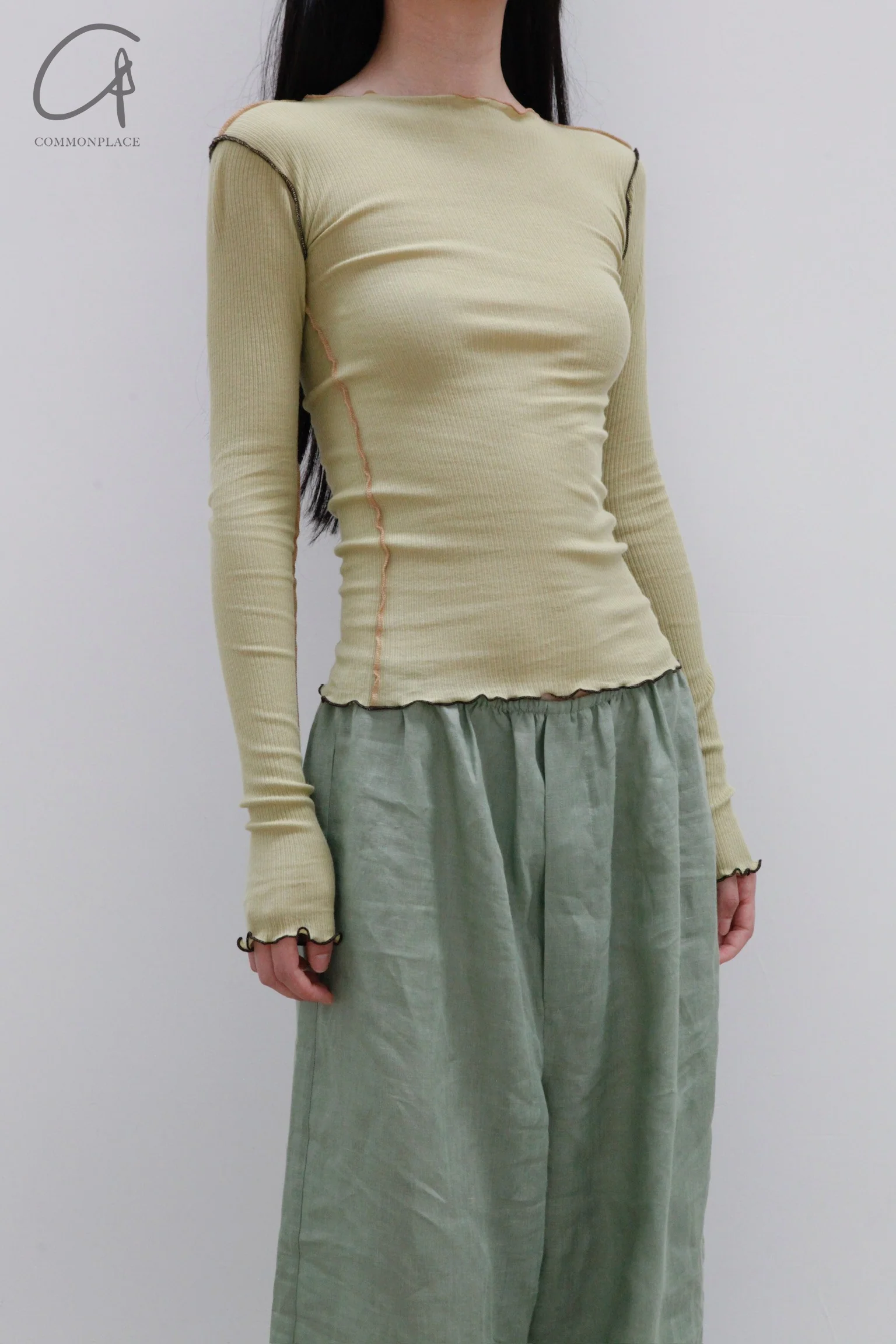 BASERANGE Ribbed Long Sleeve Top T-shirt TTVL Collection France BAS-TTVL-RB-AU23-HUILV Gray Green - Image 2