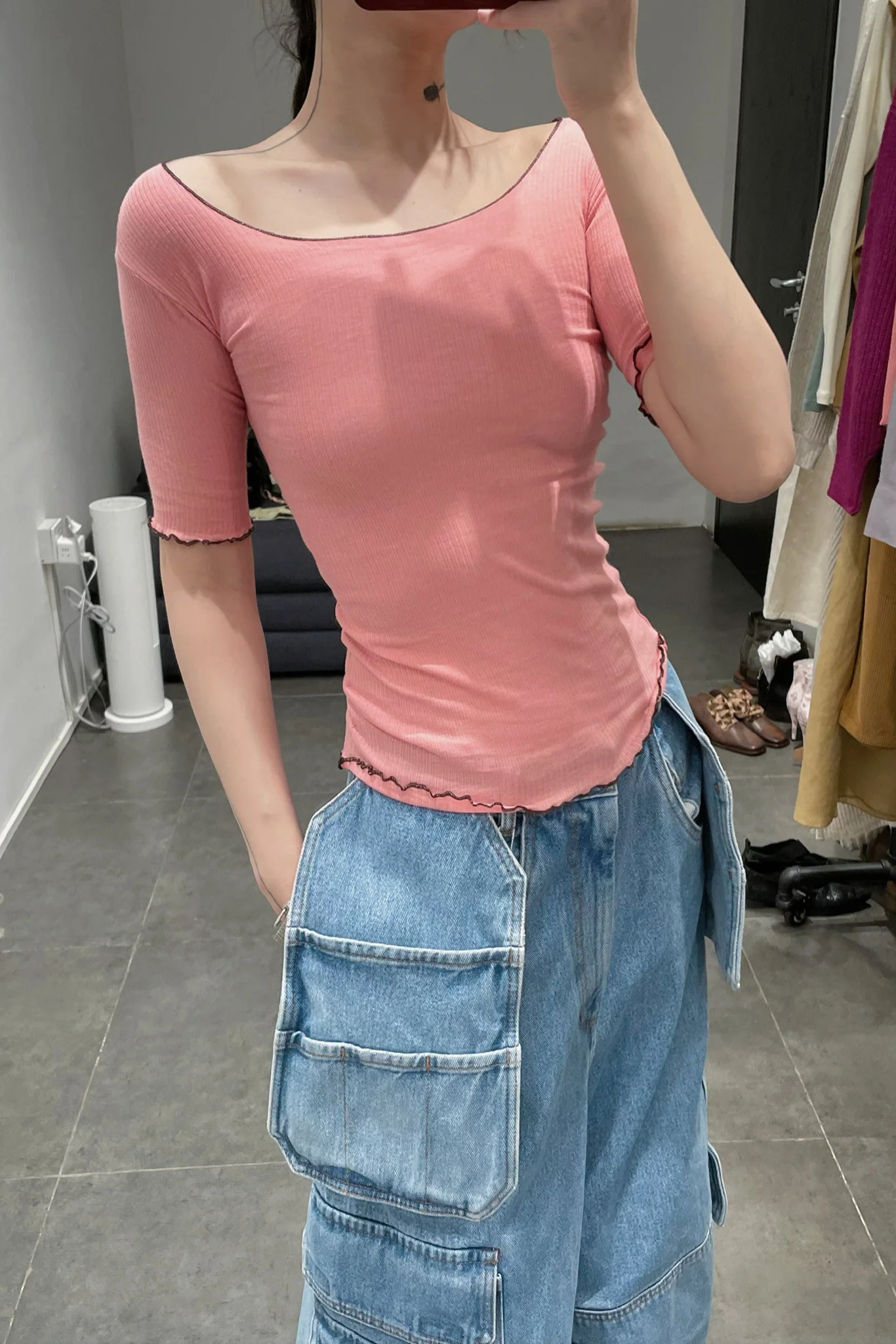 BASERANGE Round neck ruffled ribbed cotton T-shirt TOPA series collection France BAS-TOPA-RBV-WI22-FENHONG Pink TOPA-RB-000 - Image 15