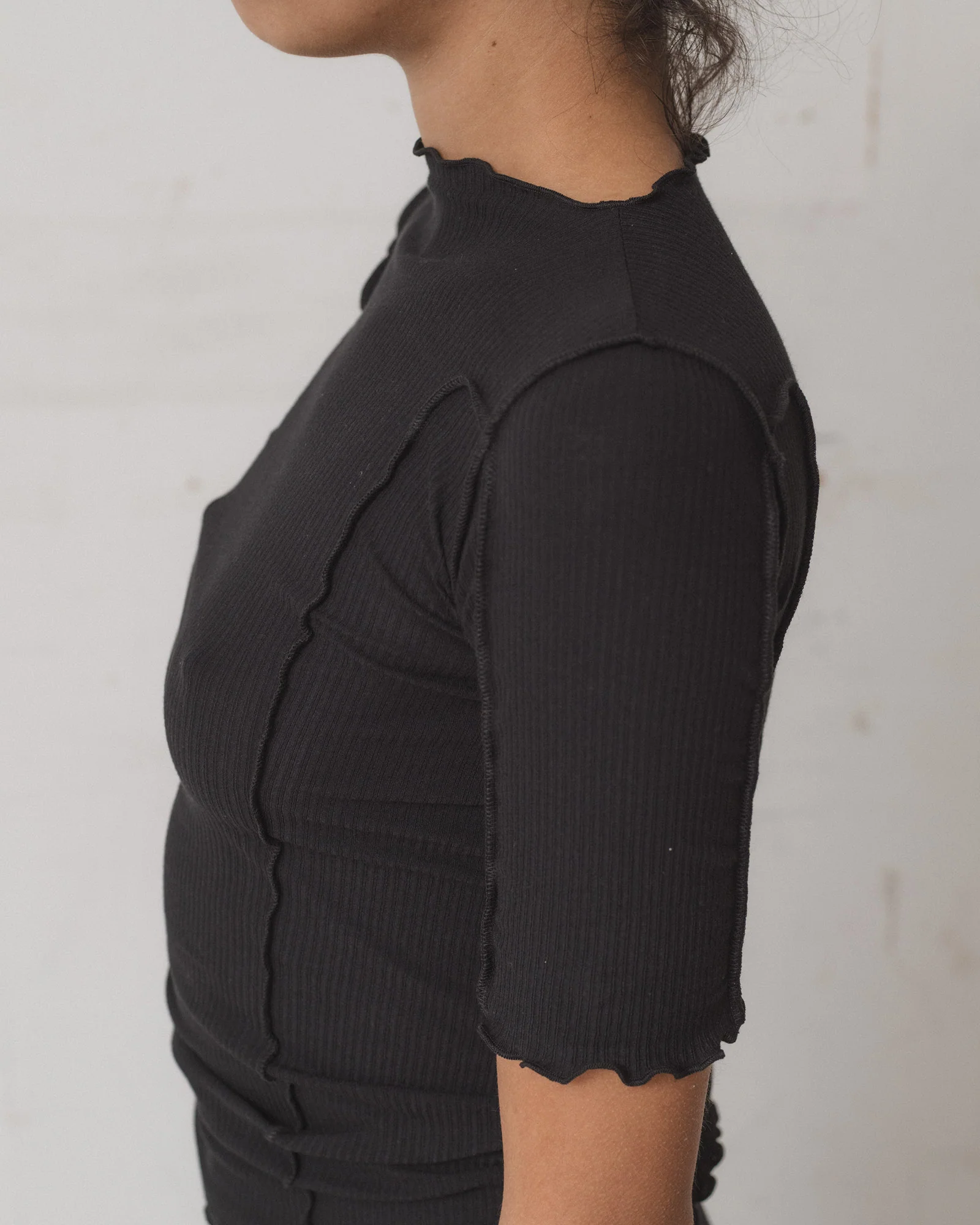 BASERANGE Ruffled Ribbed Cotton T-Shirt BAS-TTO3-RB-000-HEI Black TTO3-RB-000 - Image 9