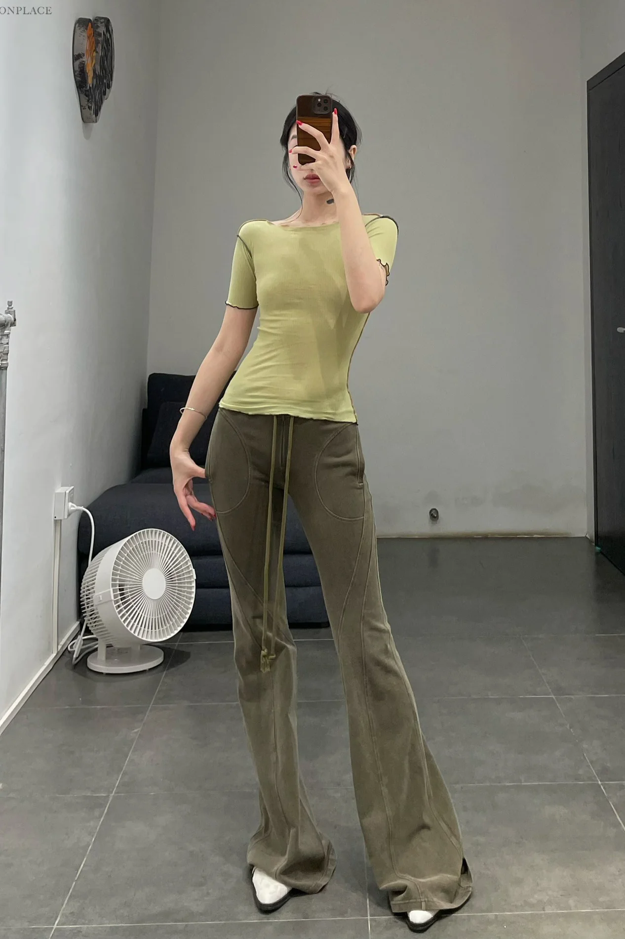 BASERANGE France organic cotton ruffled textured T-shirt BAS-TTVN-RB-AU23-HUILV gray green - Image 12