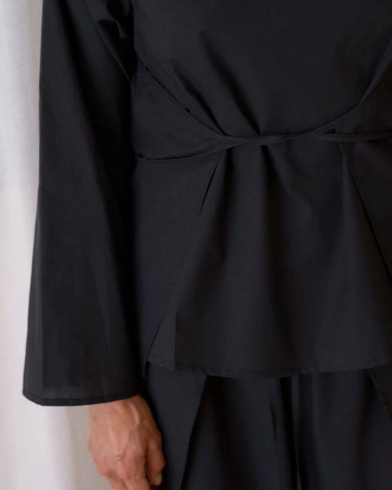BASERANGE SP26 Organic Cotton Plain Weave Drawstring Long-Sleeve T-Shirt Top BAS-TSDLS-PO-SP26-B BLACK - Image 6