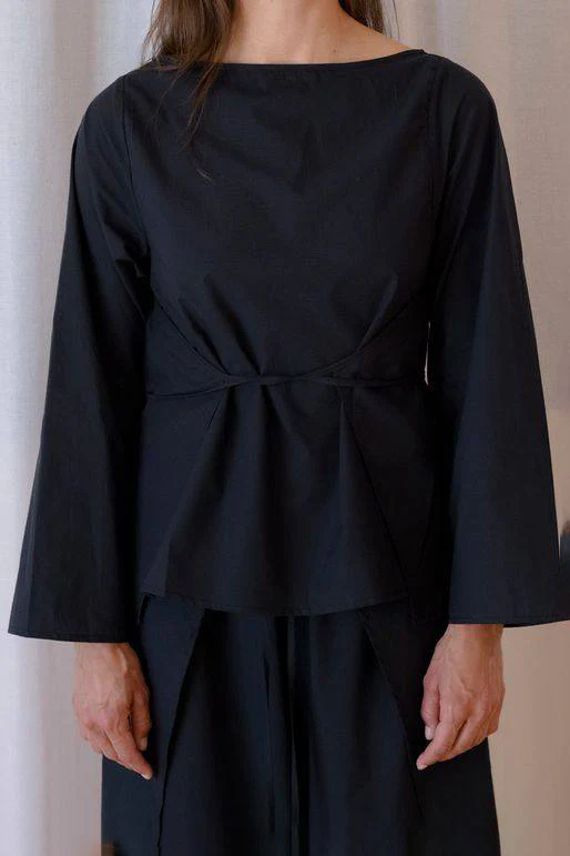 BASERANGE SP26 Organic Cotton Plain Weave Long-Sleeve T-Shirt with Drawstring - BLACK