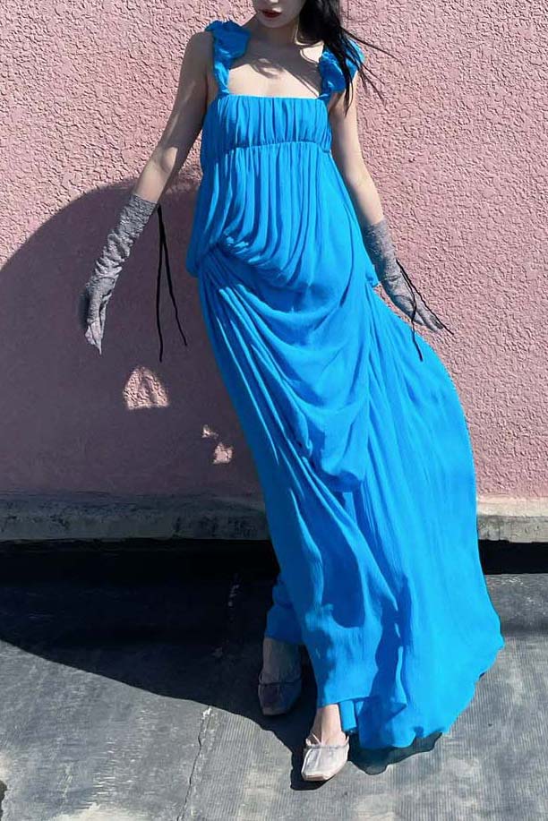 CAROLINE HU Pleated Chiffon Dress SS22BUD12 Blue - Image 16