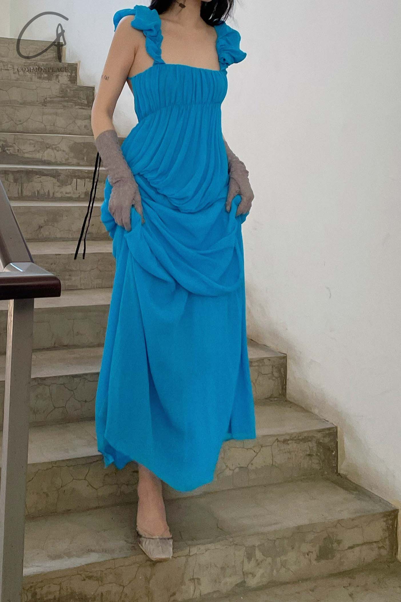 CAROLINE HU Pleated Chiffon Dress SS22BUD12 Blue - Image 21