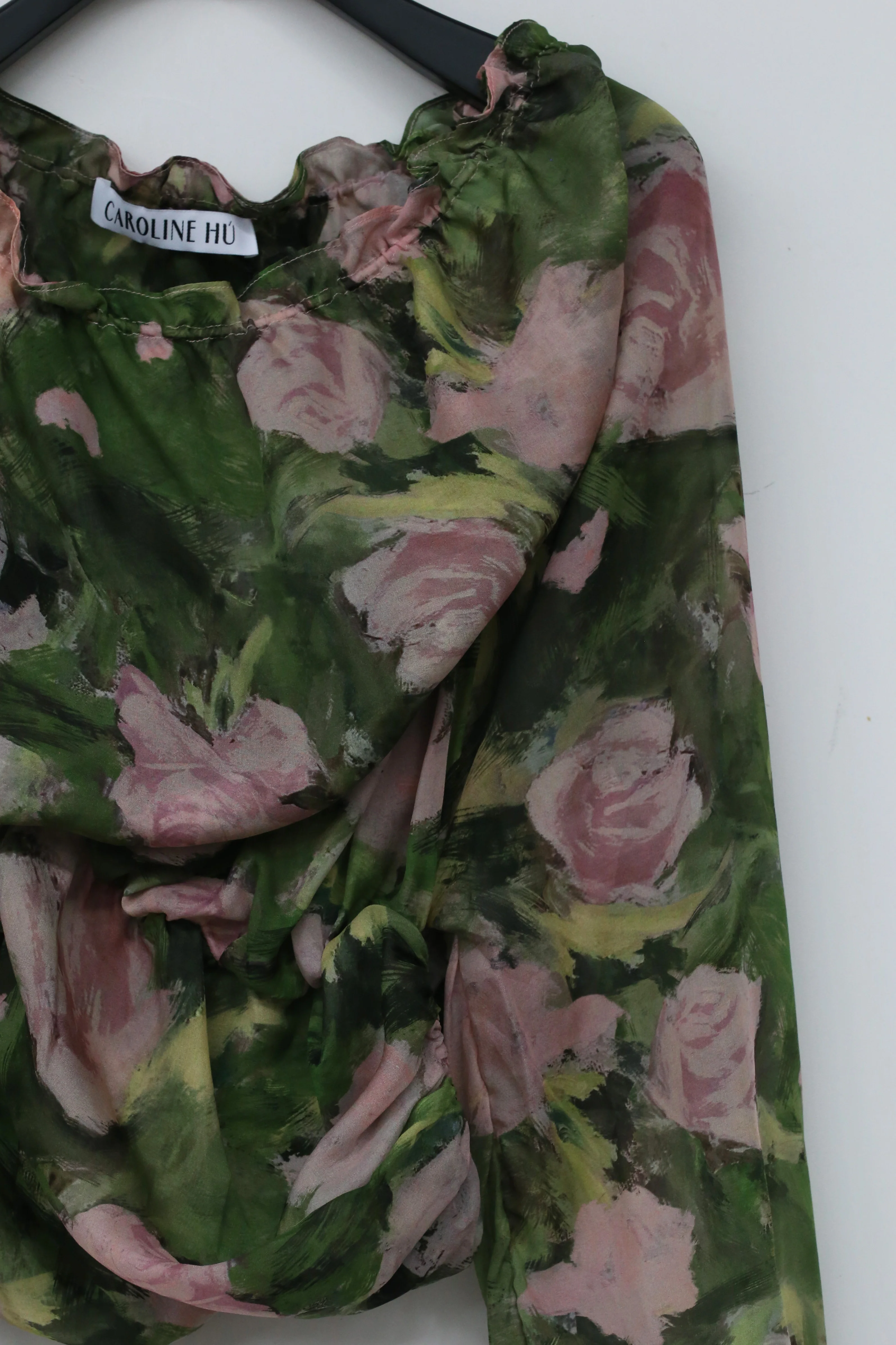 CAROLINE HU Pleated Chiffon Top AW21PKPRTT03S Pink Green Print PCH3 - Image 10