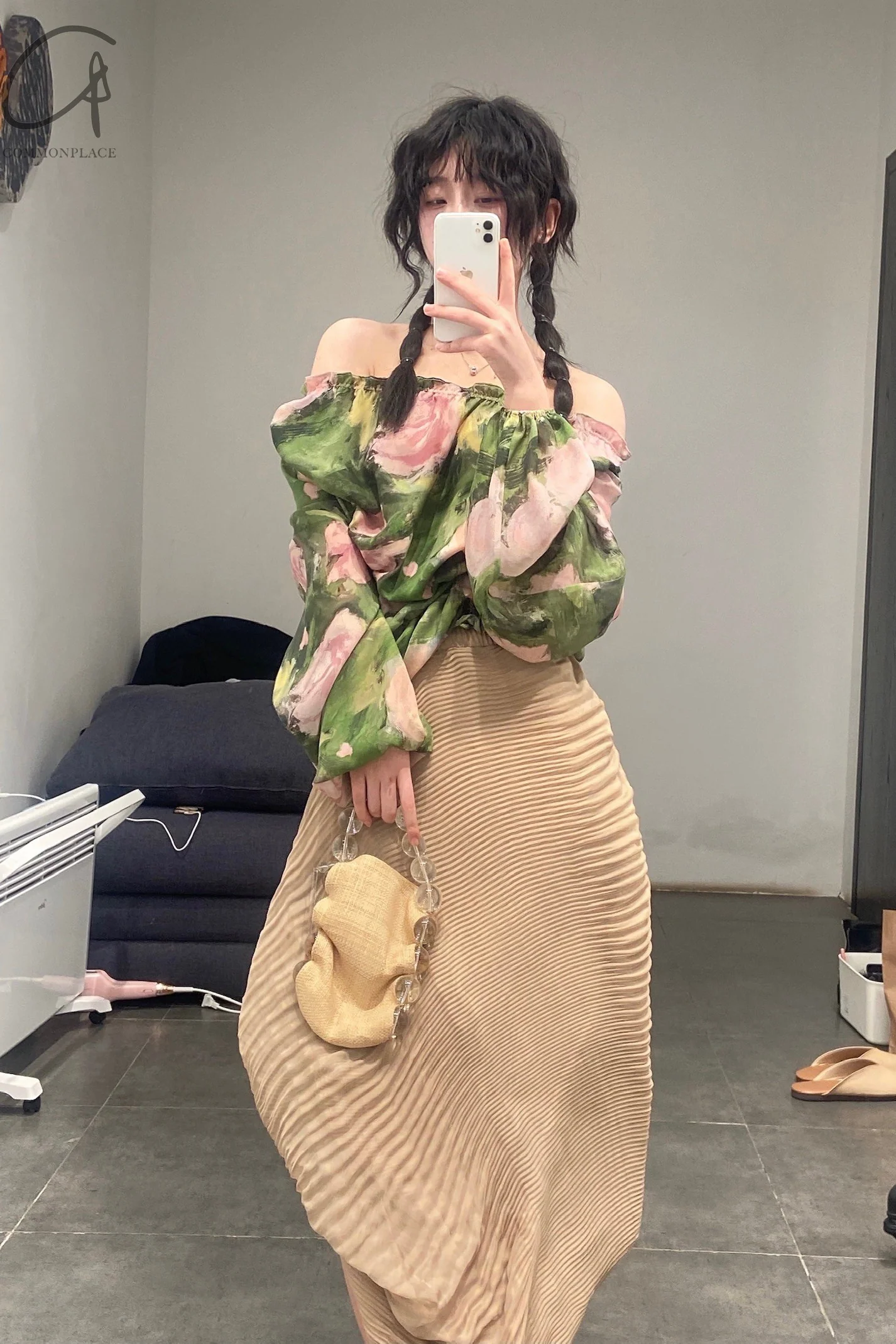 CAROLINE HU Pleated Chiffon Top AW21PKPRTT03S Pink Green Print PCH3 - Image 5