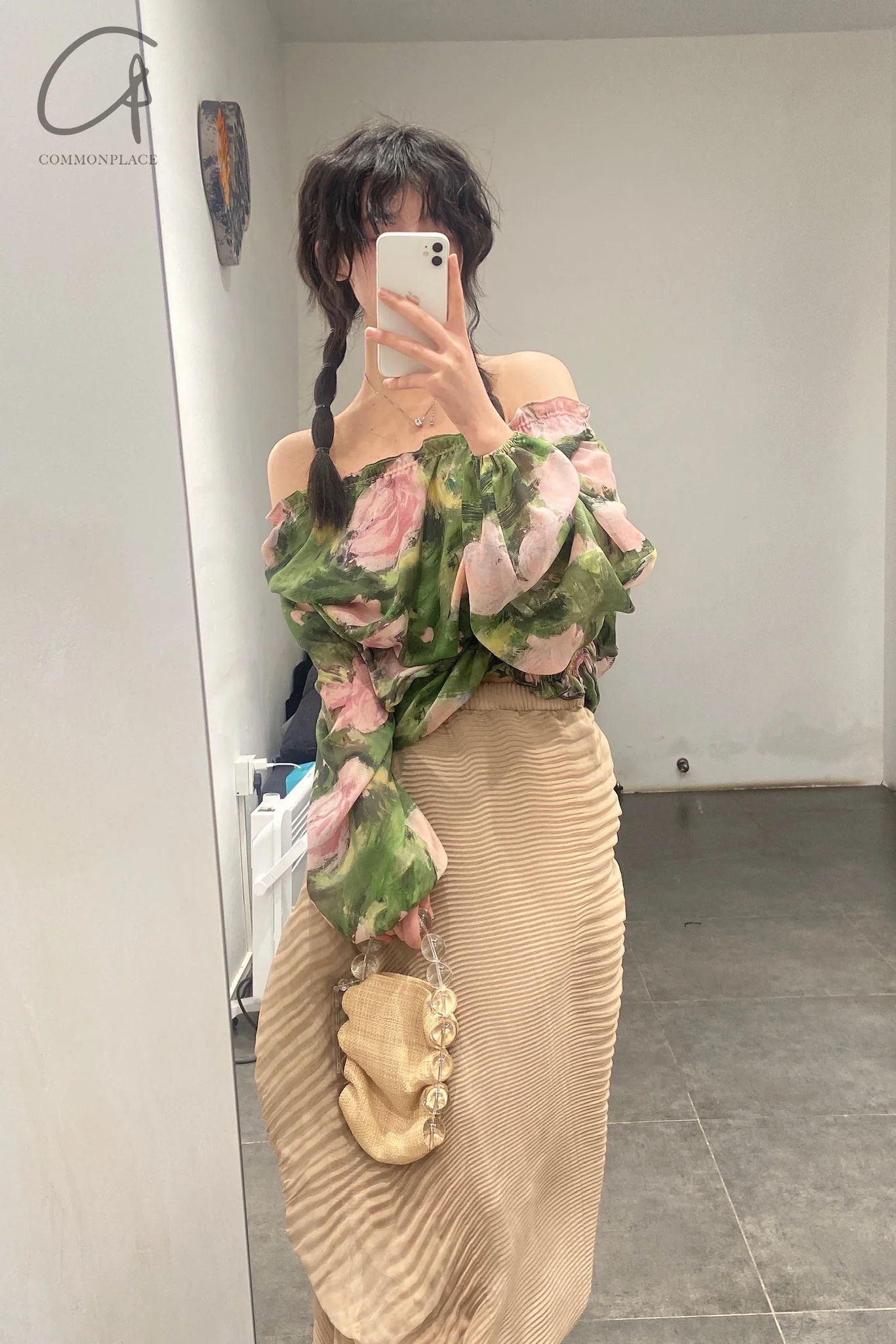 CAROLINE HU Pleated Chiffon Top AW21PKPRTT03S Pink Green Print PCH3 - Image 6