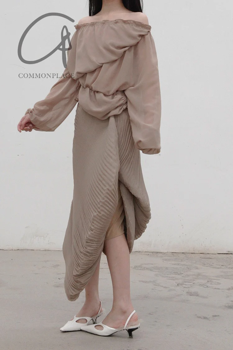 CAROLINE HU Pleated Chiffon Top AW21TANT03S Brown PCH3 - Image 10