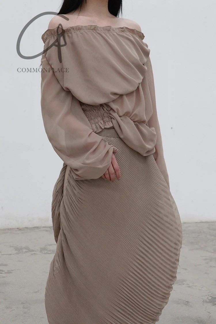 CAROLINE HU Pleated Chiffon Top AW21TANT03S Brown PCH3 - Image 7
