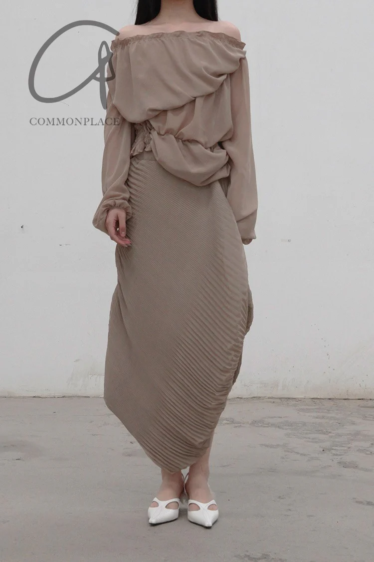 CAROLINE HU Pleated Chiffon Top AW21TANT03S Brown PCH3 - Image 8